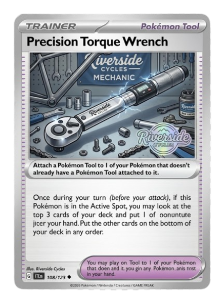 A Pokémon trading card titled 'Precision Torque Wrench' shows a detailed illustration of a wrench, surrounded by tools, bolts, and a chain, with instructions for in-game use.
