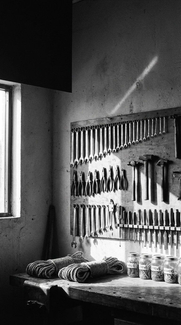 A workshop with a wall-mounted pegboard holding wrenches, pliers, and hammers, a wooden workbench with ropes and jars labeled with tasks, and a small window letting in natural light.