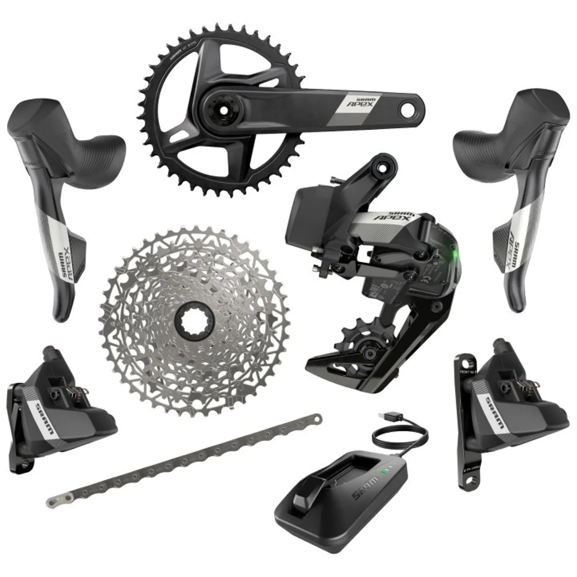 Complete Shimano Di2 electronic bicycle gear shifting and drivetrain components, including shifters, derailleurs, chain, cassette, crankset, battery, and charger.