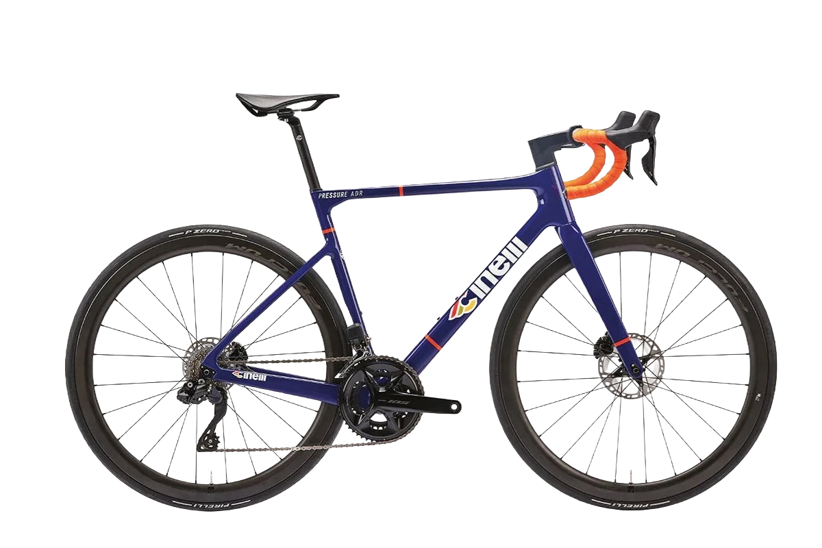 A blue Ciel bike with orange handlebar tape, black seat, and black tires