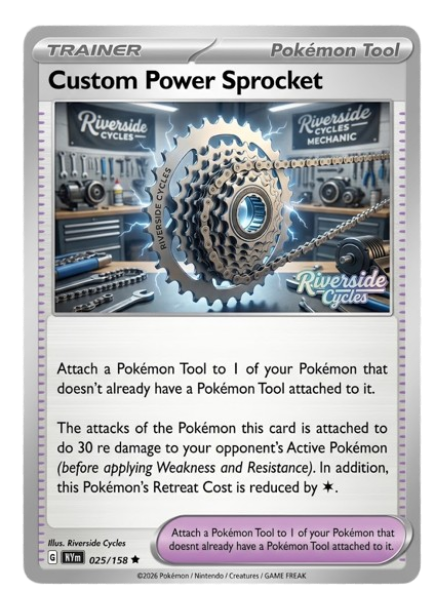 Pokémon card titled Custom Power Sprocket, featuring a large chain and sprocket gear, with tools and mechanical parts in the background, and the Riverside Cycles logo.