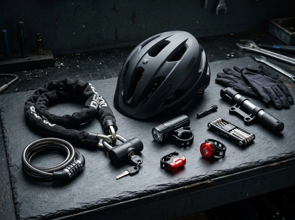 Bicycle helmet, lock, headlamp, chain lock, and gloves arranged on a workbench, with tools and small components in the background.