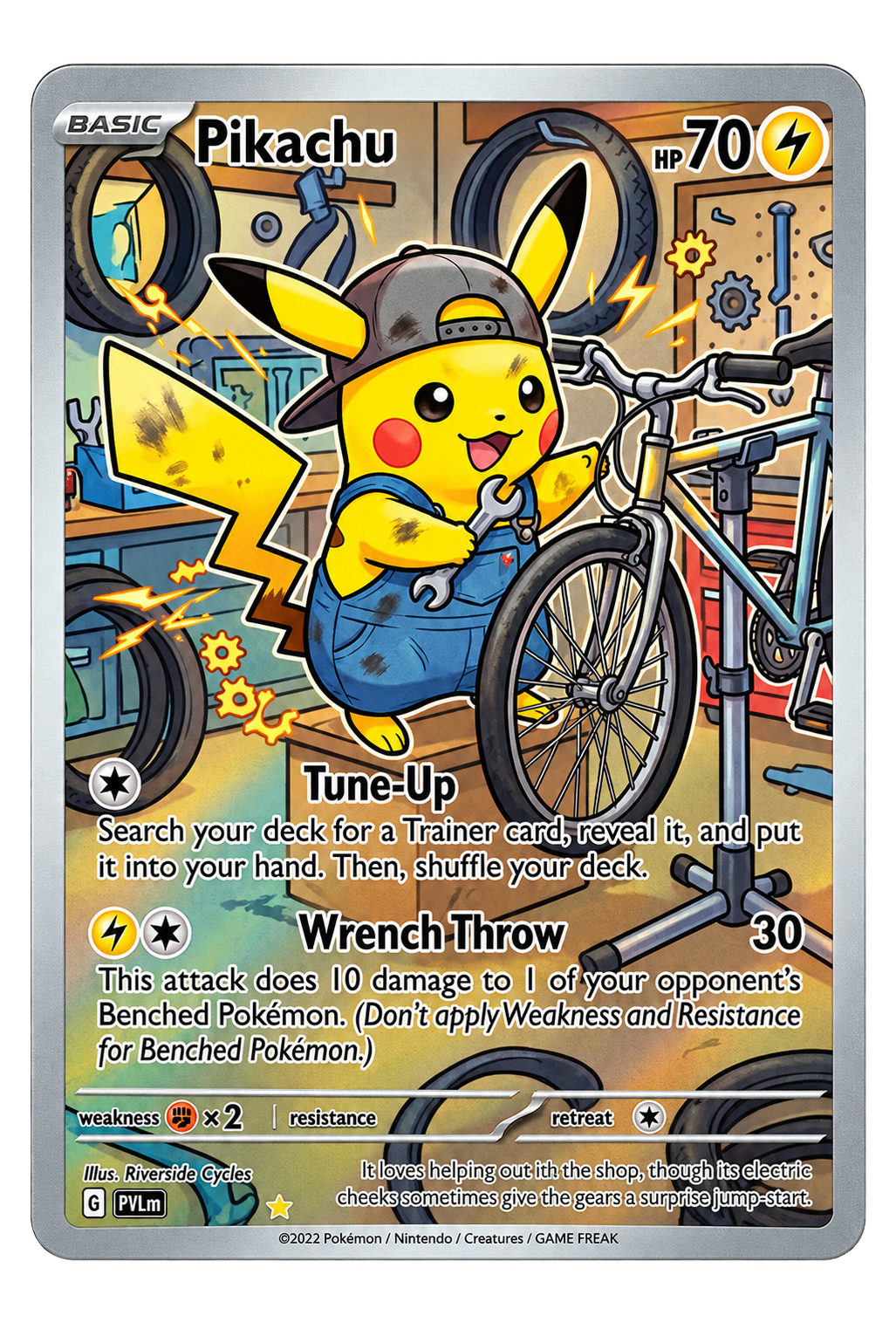 A Pikachu Pokémon card depicts Pikachu in a mechanic shop, wearing a cap and overalls, working on a bicycle. The background shows tools and gears, with Pikachu holding a wrench and smiling.