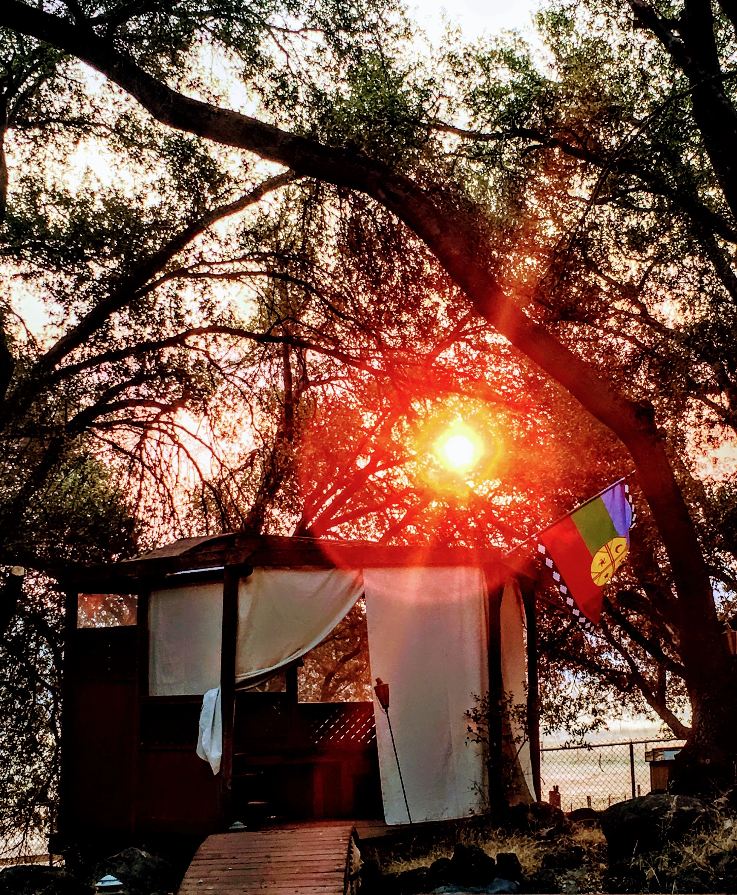 A small wooden structure with a porch set beneath large tree branches during sunset. The sun is visible through the tree, casting a red-orange glow. There is a colorful flag attached to the tree branch. The scene appears peaceful and rustic.