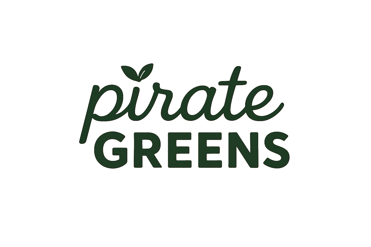 The logo for 'pirate greens' in dark green cursive and block letters, with a small leaf above the 'i'.