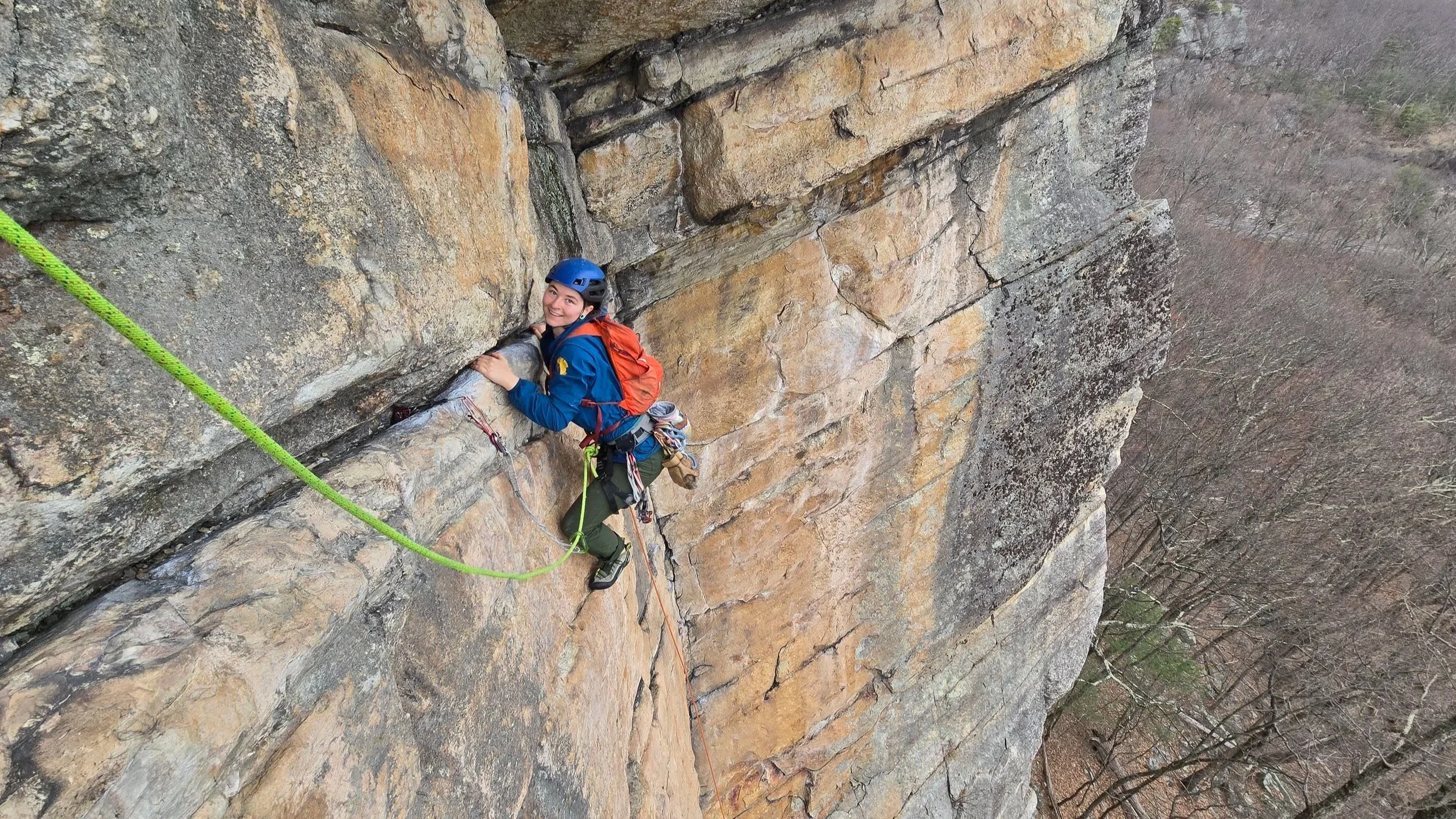 Climber on a classic route in the Gunks near New Paltz New York during a guided climbing day