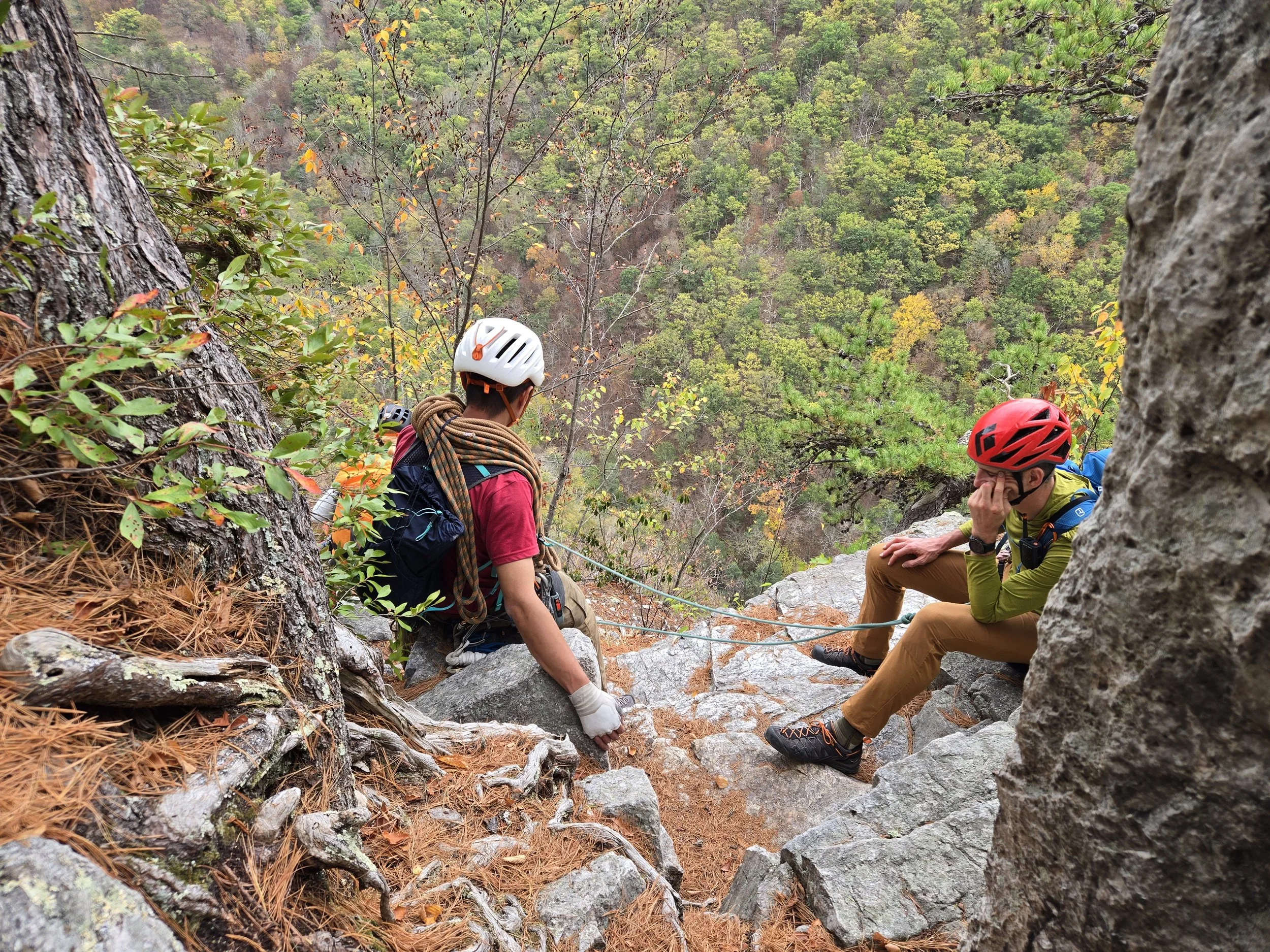 Climbers on exposed multi-pitch terrain in the Gunks climbing area