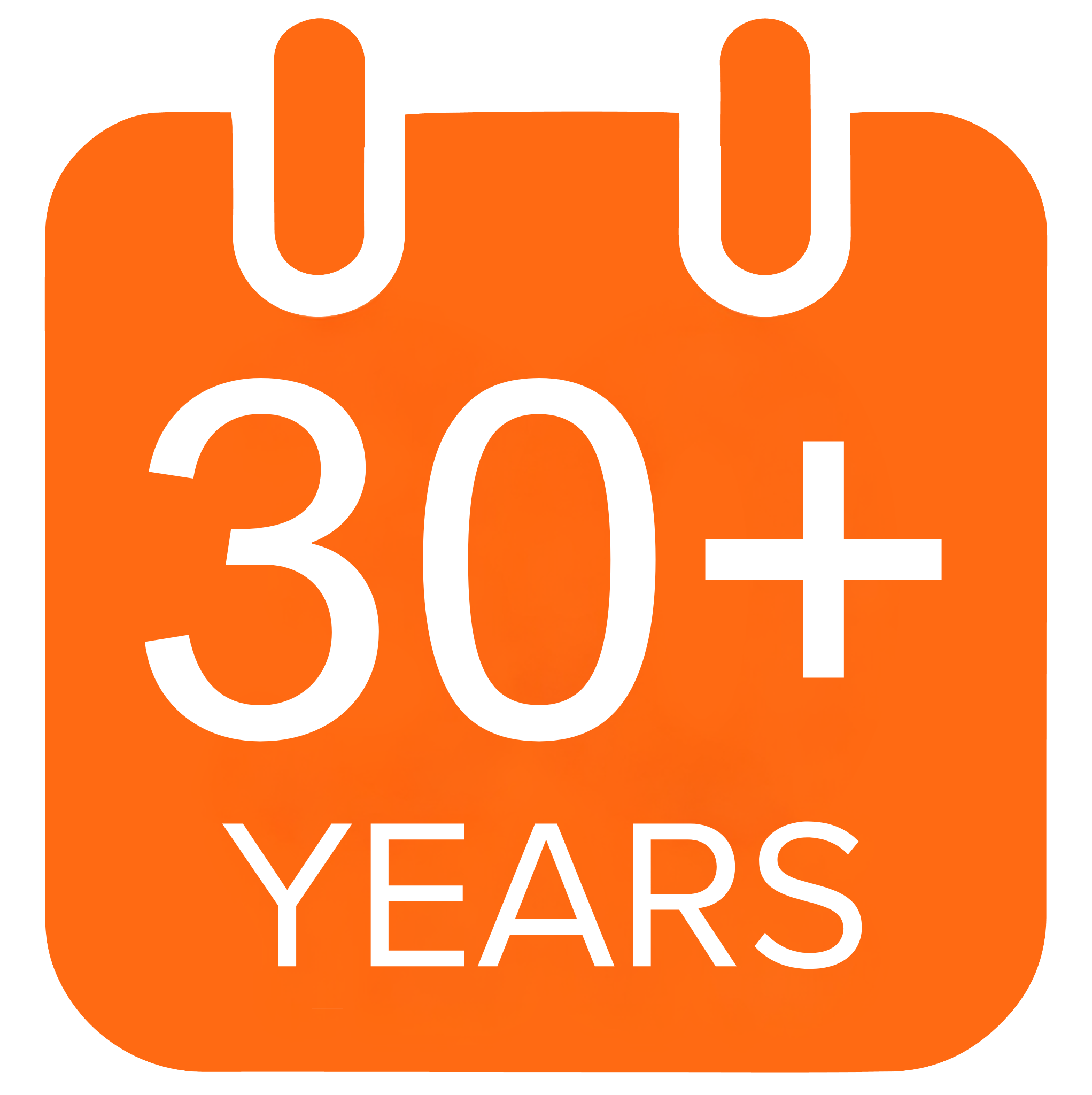 Orange calendar-style icon displaying ‘30+ Years’ in white text, symbolizing more than three decades of service and support on a clean white background.