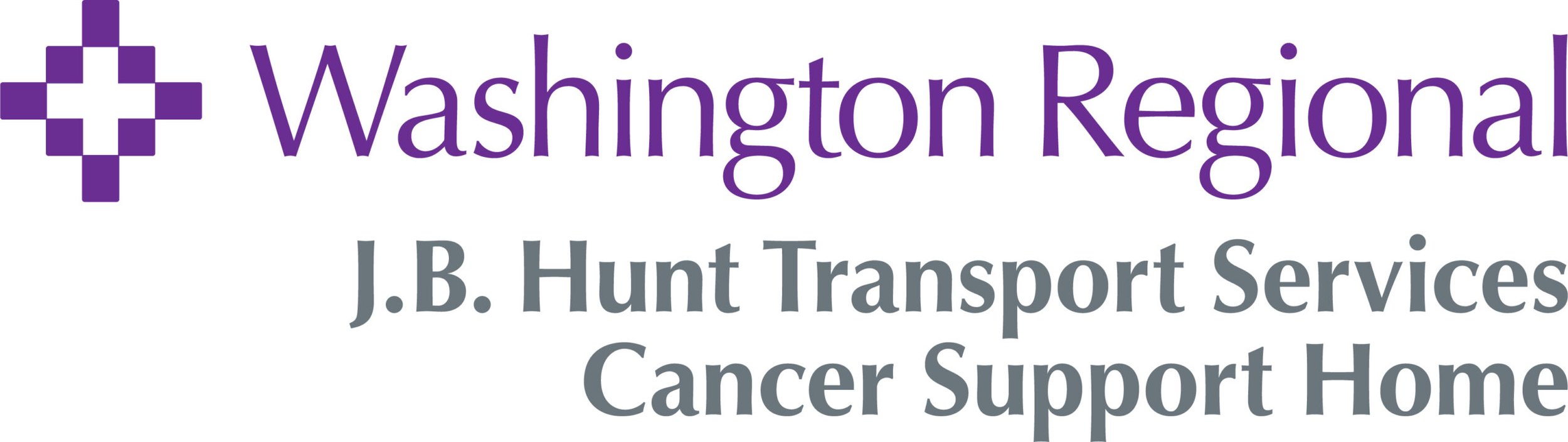 Washington Regional J.B. Hunt Transport Services Cancer Support Home logo featuring a purple cross icon and purple and gray text, representing healthcare support and patient services.