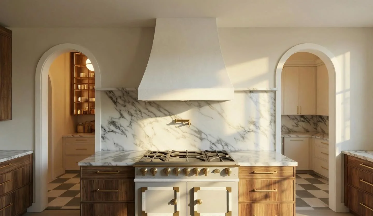 There is something incredibly rhythmic about the symmetry in this space. From the dual cased arches that frame the scullery to the way the Calacatta marble veins dance across the backsplash, every detail feels intentional.

We&rsquo;re calling this &