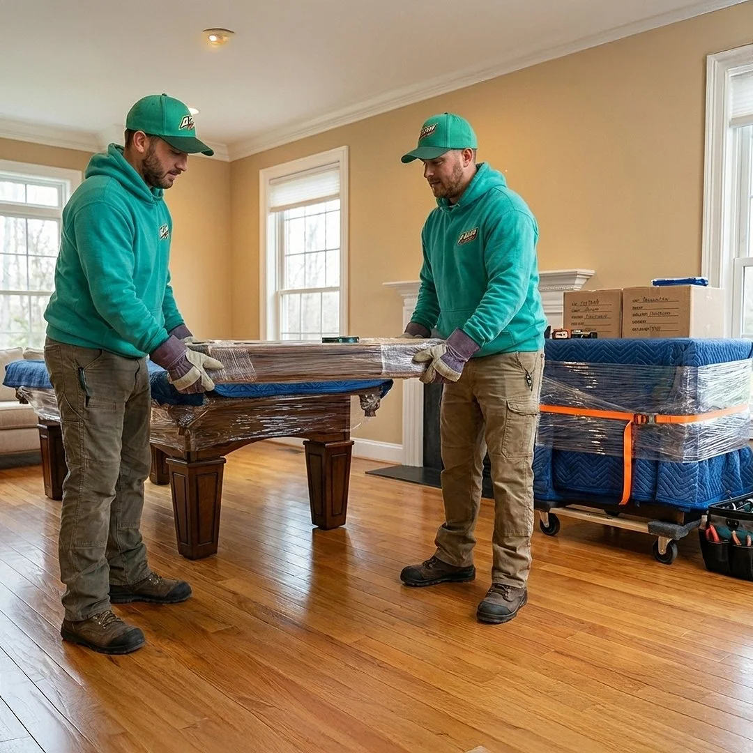 Two workers in teal hoodies and caps are moving a wrapped piece of furniture in a living room with hardwood floors, beige walls, and large windows.