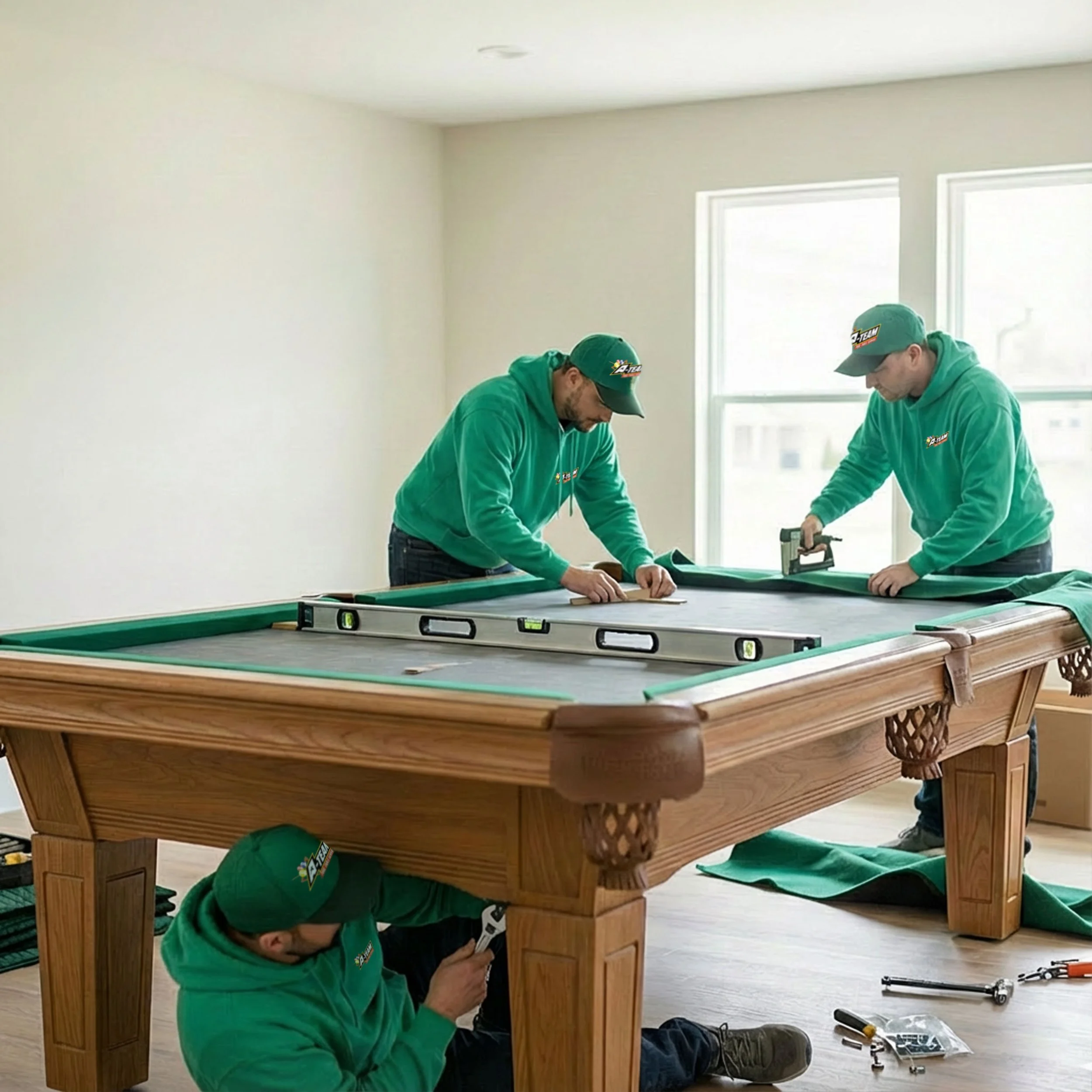 Three workers in green hoodies and hats are installing a green felt cover on a pool table in a bright room with two large windows.
