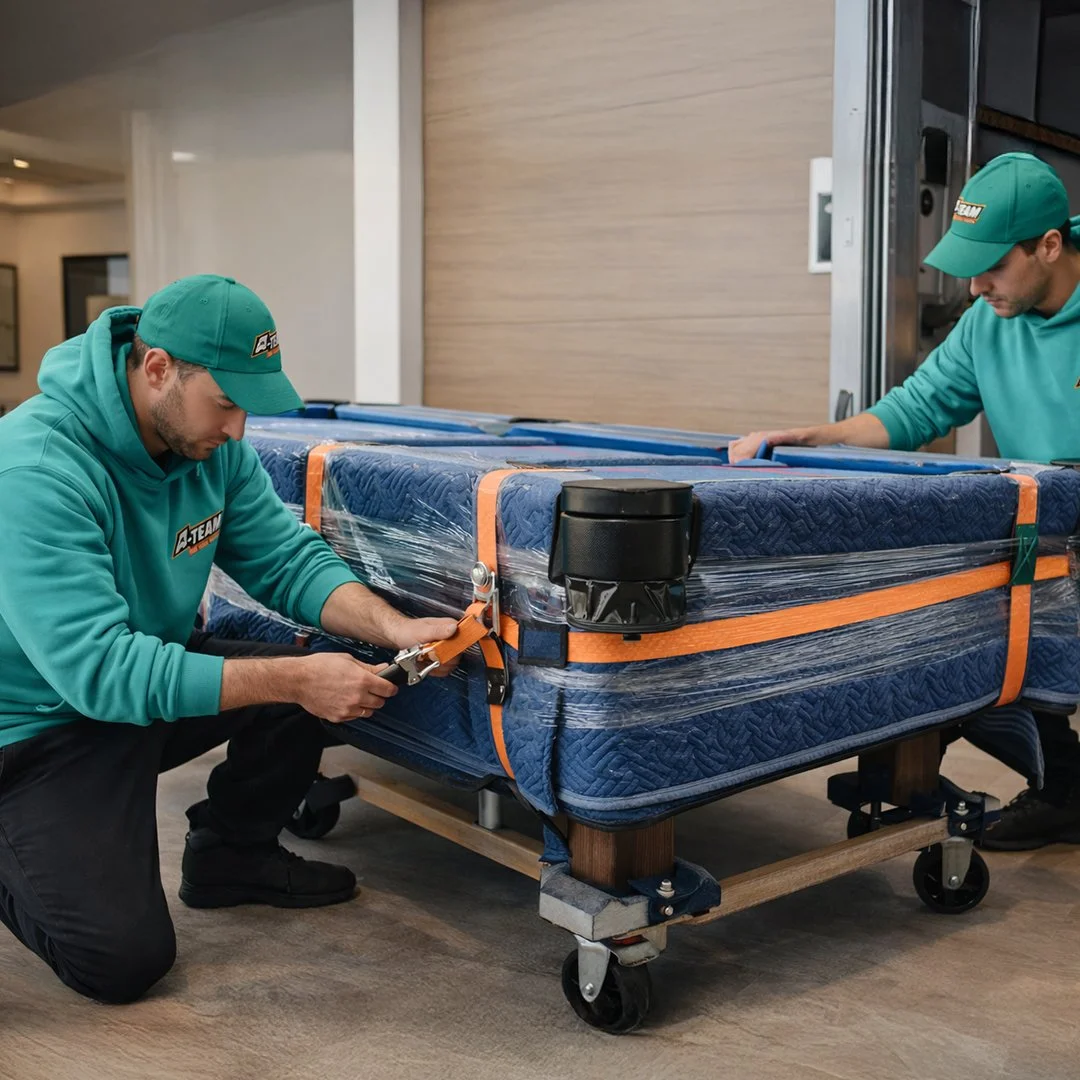 Two movers in teal uniforms and caps securing a large mattress to a wheeled dolly with straps.