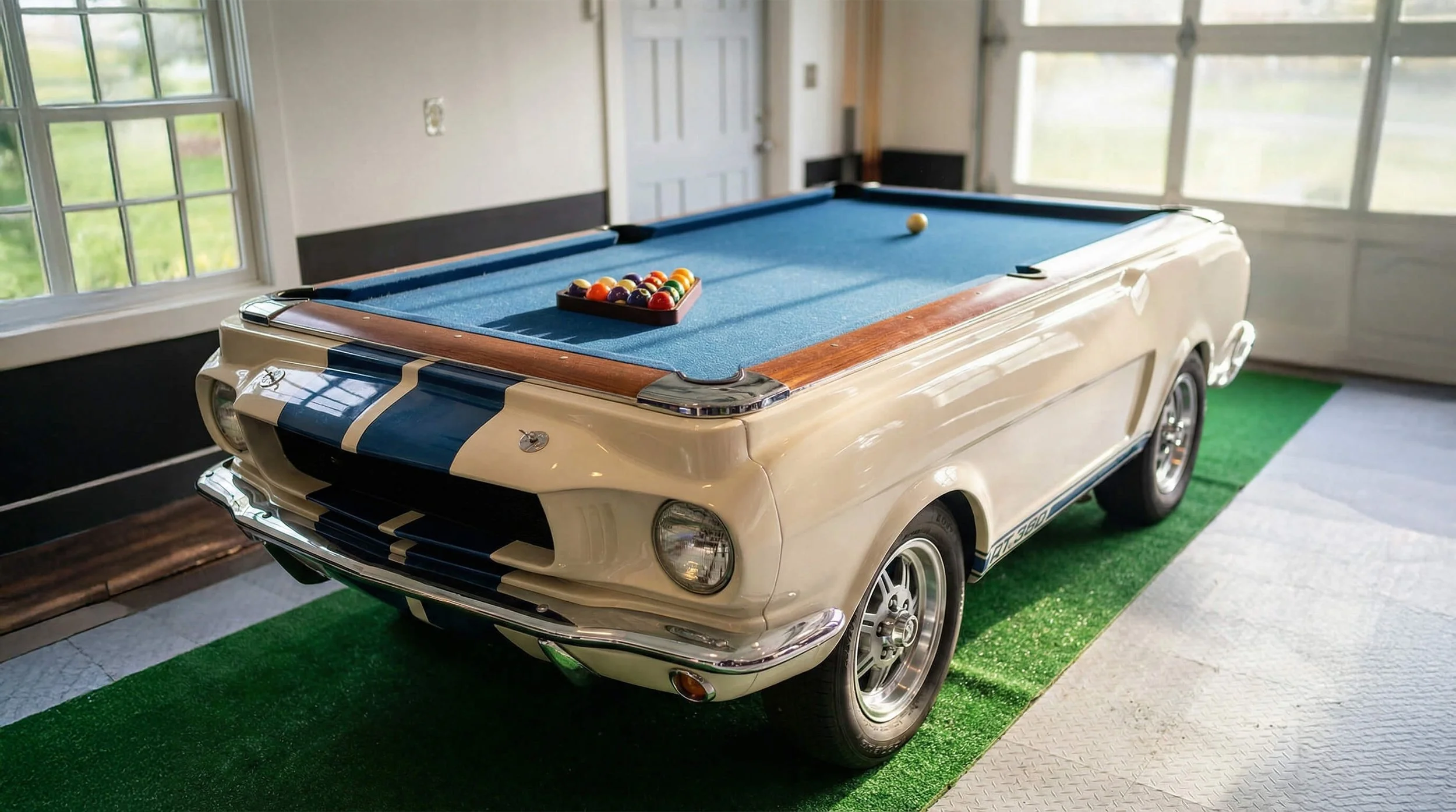 A vintage automobile converted into a pool table with a green felt surface and billiard balls arranged for a game inside a garage with large windows.