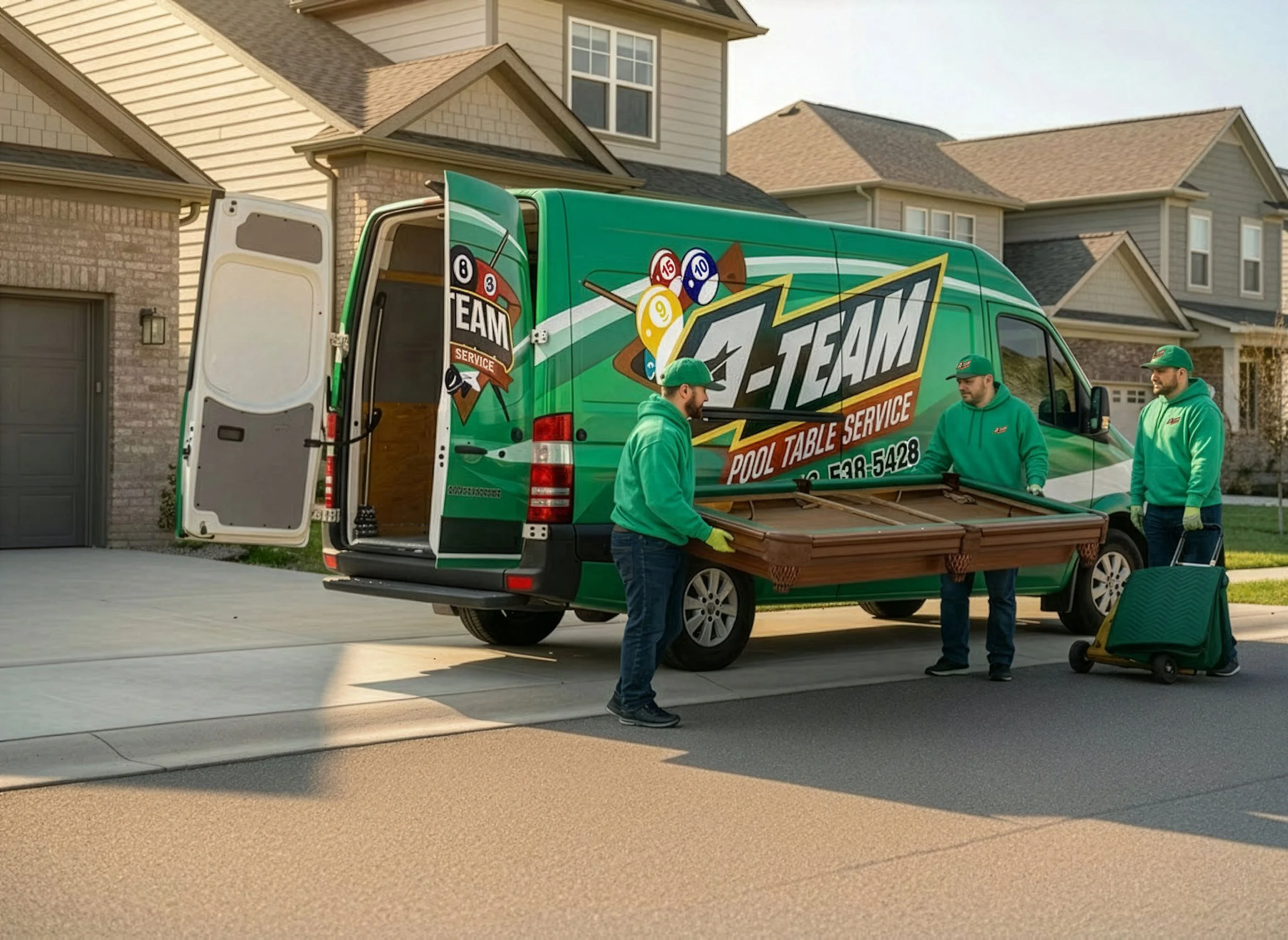 Three workers in green hoodies and gloves unload a pool table from a green service van parked in front of a house. The van has the logo 'Pool Table Service' on its side, and the workers are handling the table with a dolly and their hands.