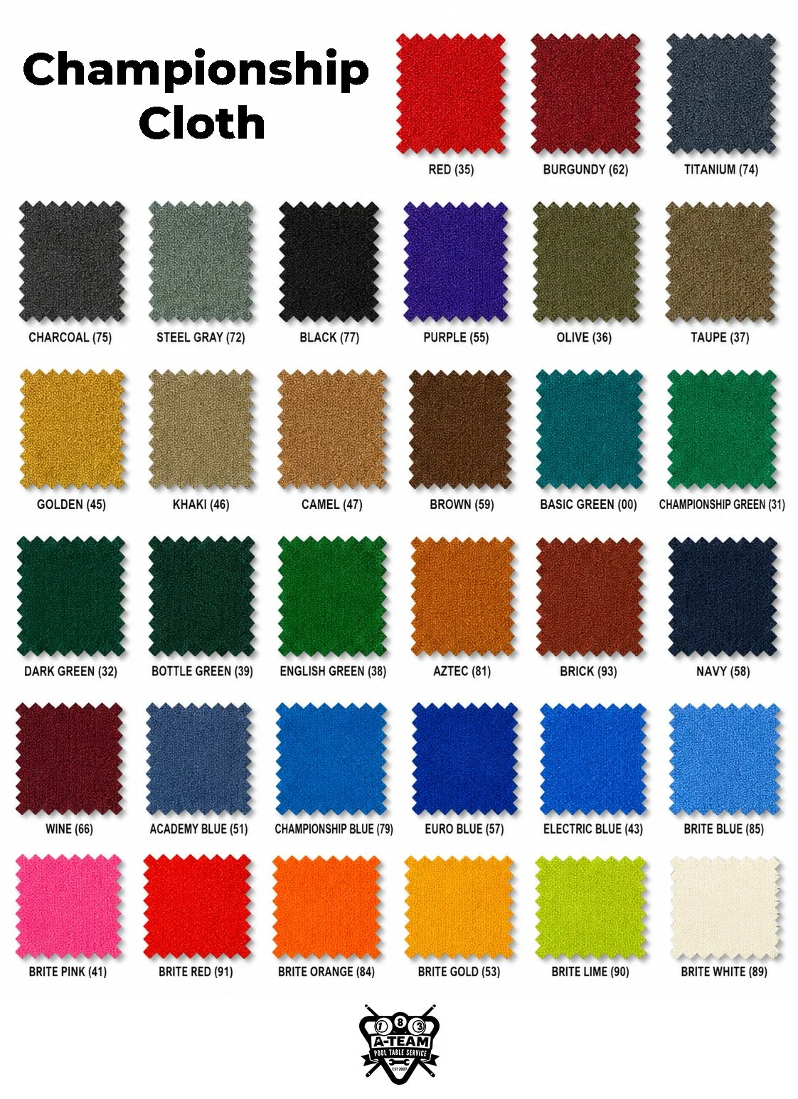 A chart of fabric swatches labeled 'Championship Cloth' showing various colors including red, burgundy, titanium, charcoal, steel gray, black, purple, olive, taupe, gold, khaki, camel, brown, green, blue, pink, and orange, among others.