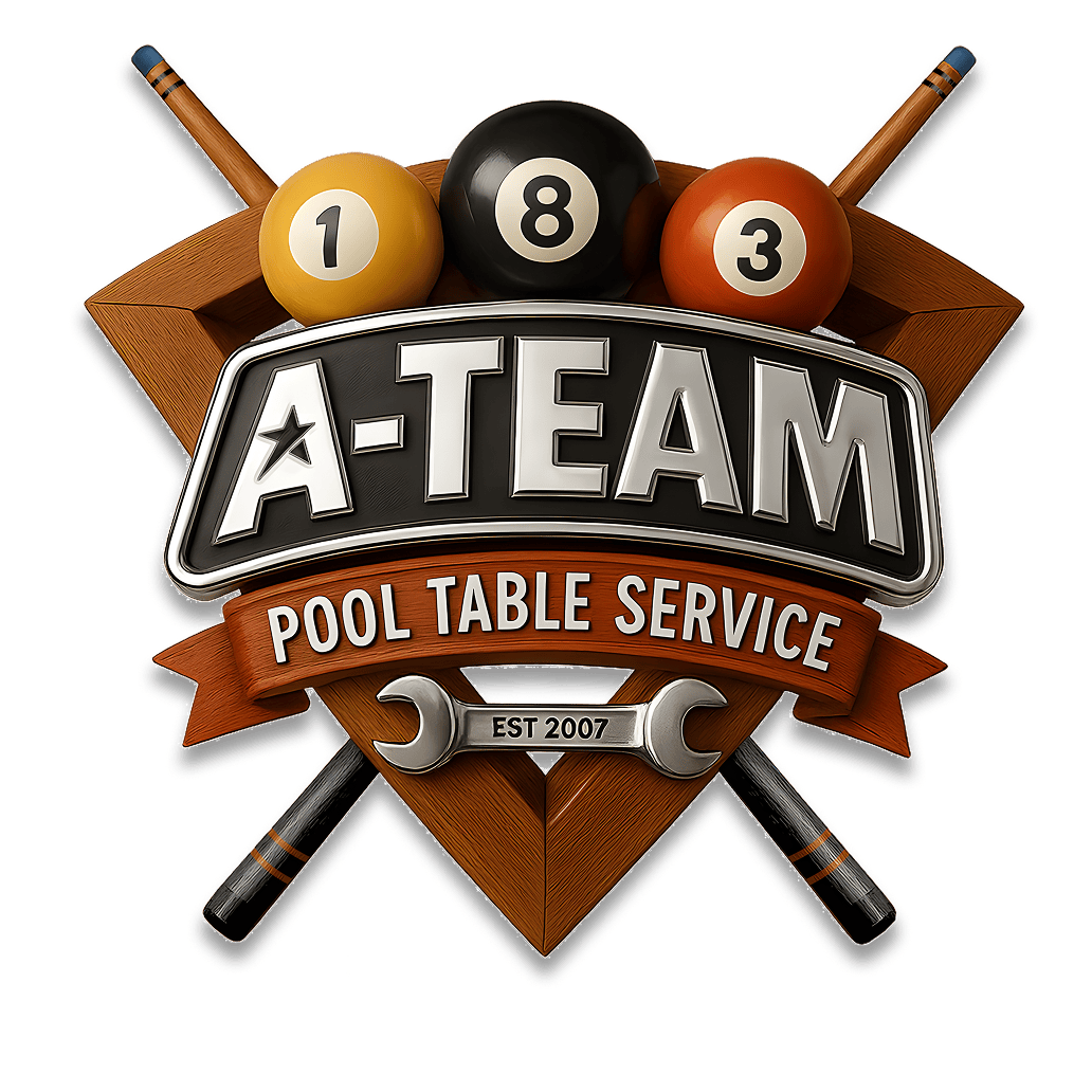 A logo for A-Team Pool Table Service featuring three pool balls numbered 1, 8, and 3, two billiard cues crossed behind a wooden rack, and a wrench with 'EST 2007' on it.