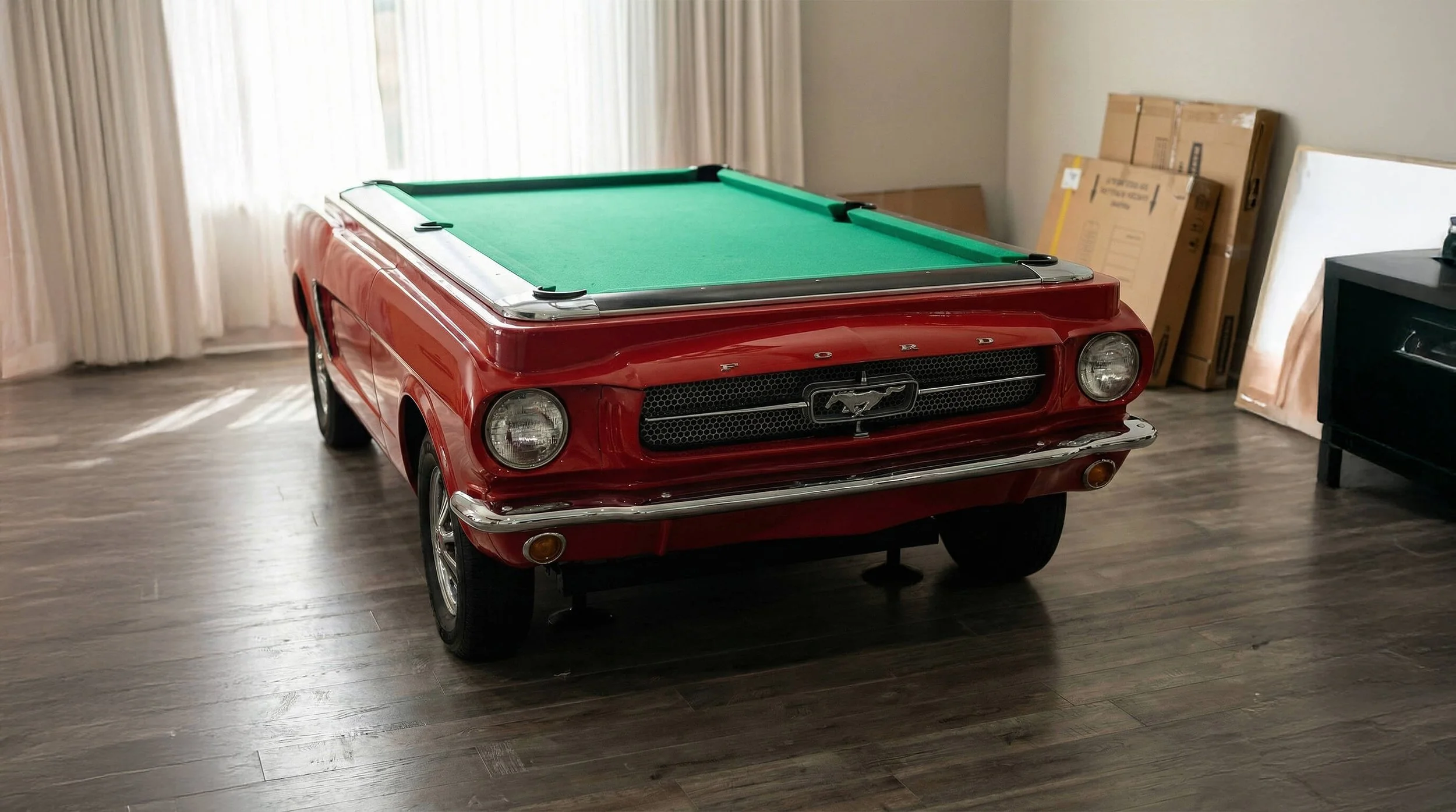 Red Ford Mustang car with a pool table on the roof, indoors in a room with wooden floor and curtains.