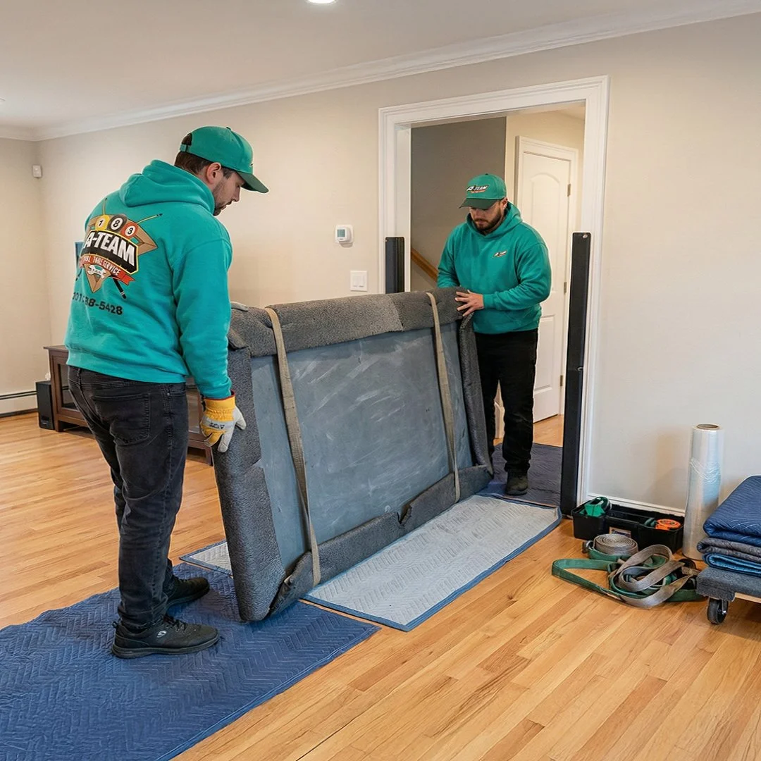 Two movers in teal hoodies and caps are moving a large couch into a room. One is holding the side of the couch while the other guides it through the doorway. The room has wooden floors and minimal furniture.