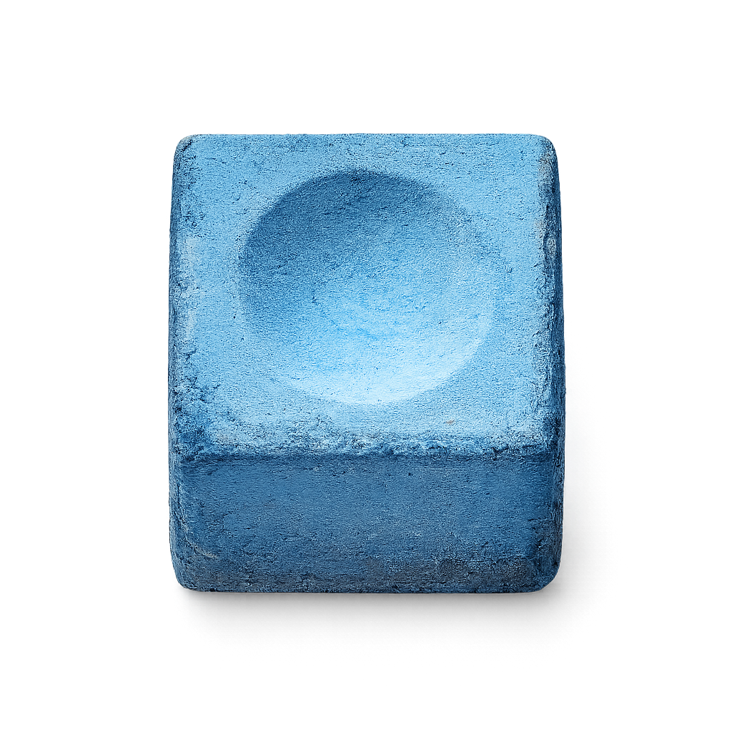 A close-up of a standard ice cube with a depression on its top surface, transparent and blue in color.