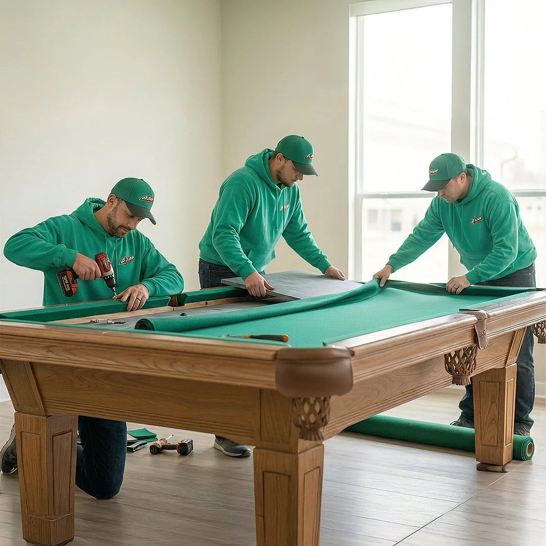 Three workers in green hoodies and caps installing a green felt cover on a pool table inside a room with large window.