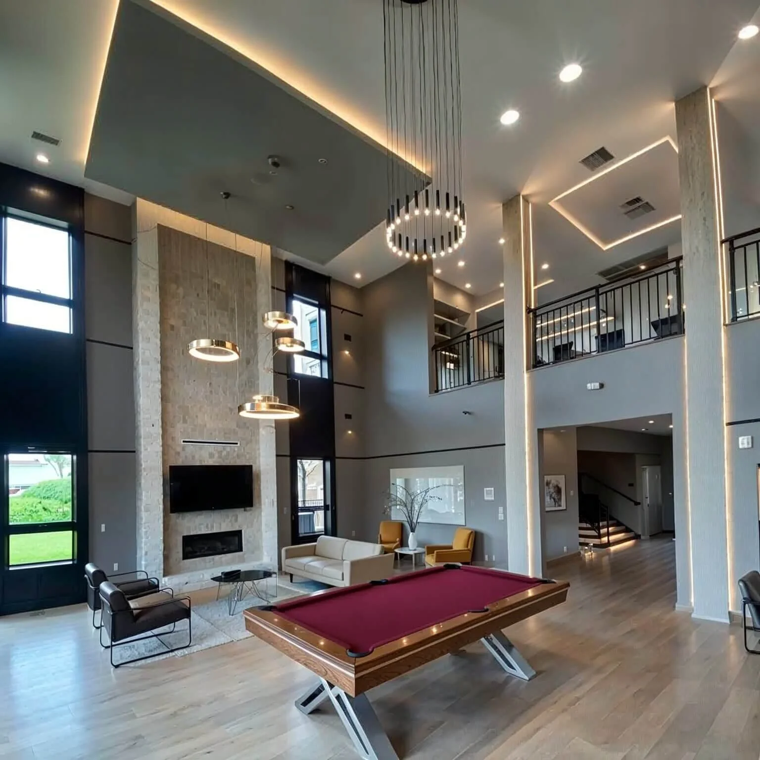 Modern two-story lounge with high ceilings, a fireplace, a flat-screen TV, and a pool table, featuring stylish lighting fixtures and large windows.
