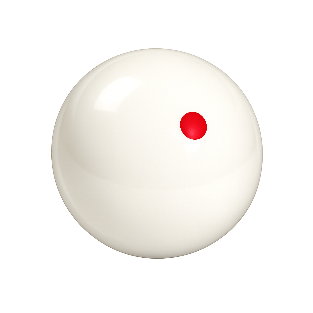 Close-up of a white billiard ball with a red dot, positioned on a billiards table.