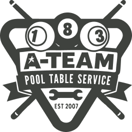 A black and white logo for A-TEAM Pool Table Service, featuring three pool balls labeled 1, 8, and 3, with a pool cue crossing behind the balls, and the text 'A-TEAM Pool Table Service EST 2007'.