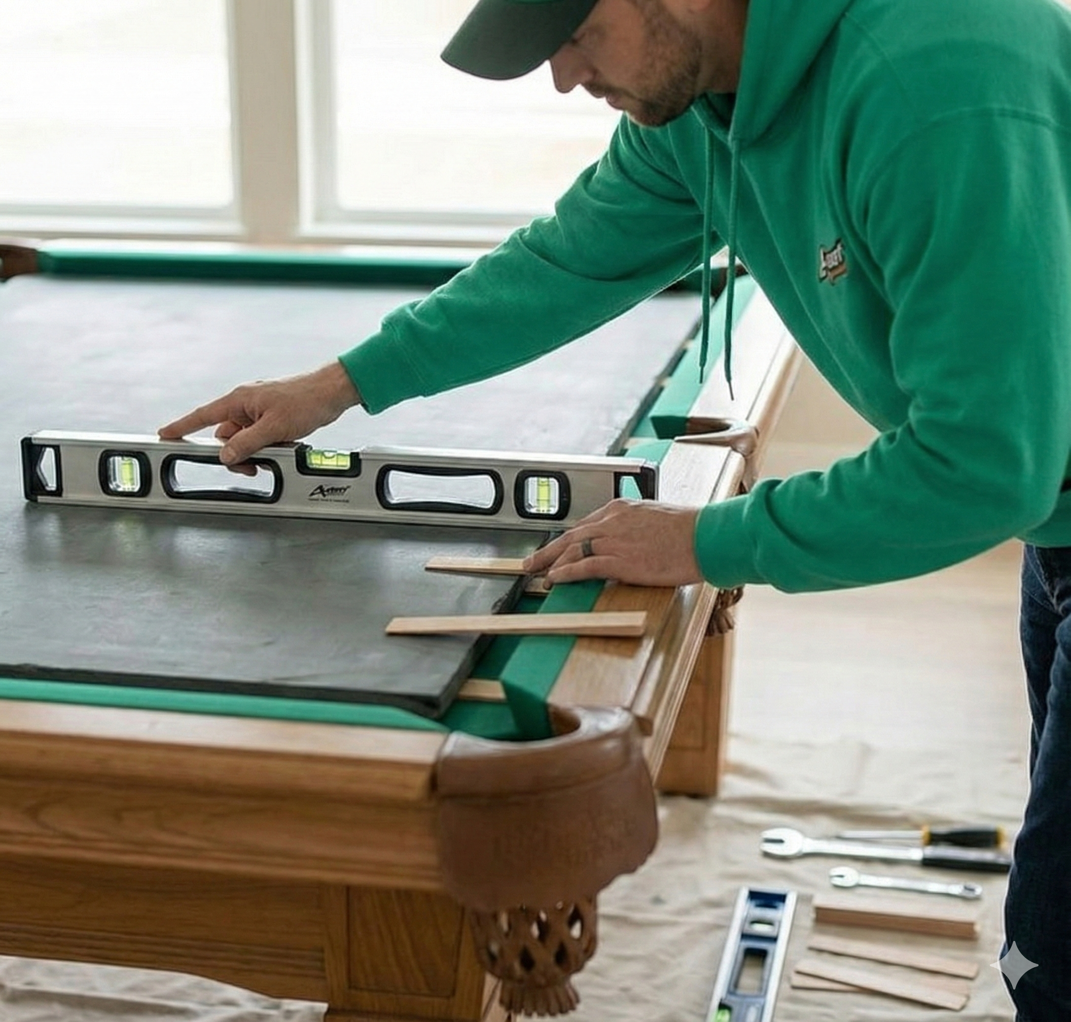 A man in a green hoodie is using a level on a pool table to check for levelness.