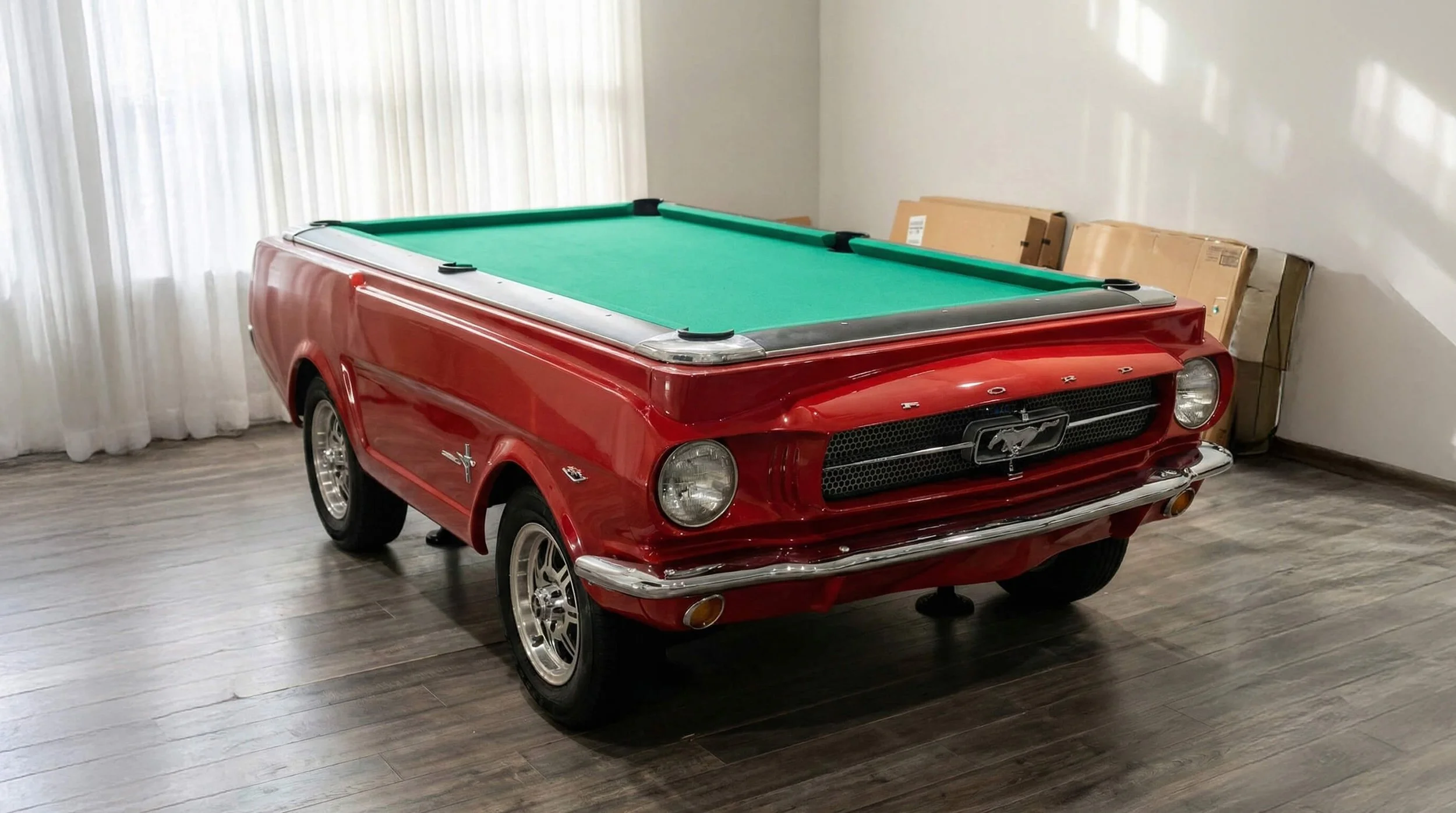 A red vintage Ford Mustang with a pool table on top, positioned indoors on a wooden floor, with white curtains and cardboard boxes in the background.