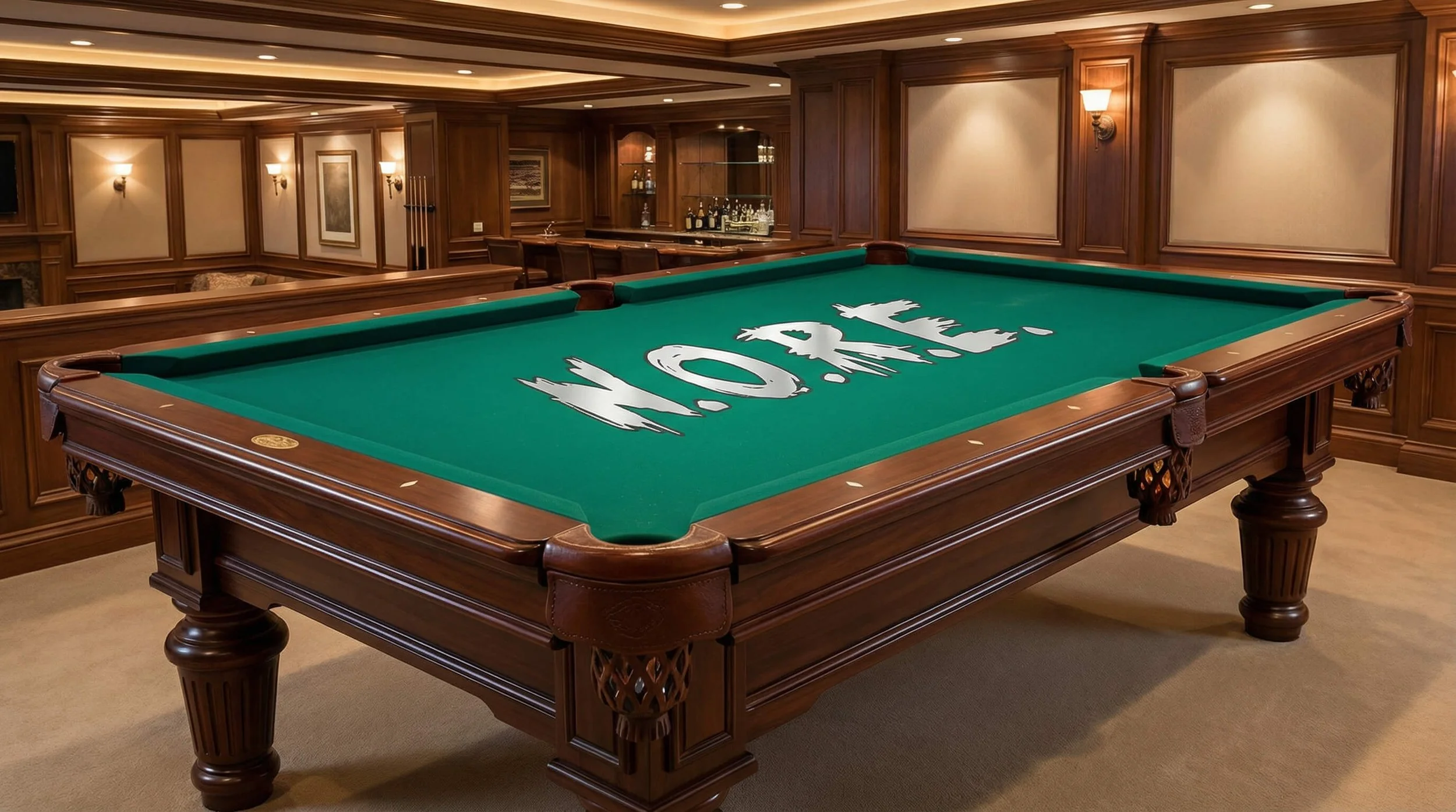 A billiards table with green felt and white lettering, in a wood-paneled room with warm lighting, a bar in the background, and wall sconces. Drink Champs, Rapper Noreaga, N.O.R.E Pool Table