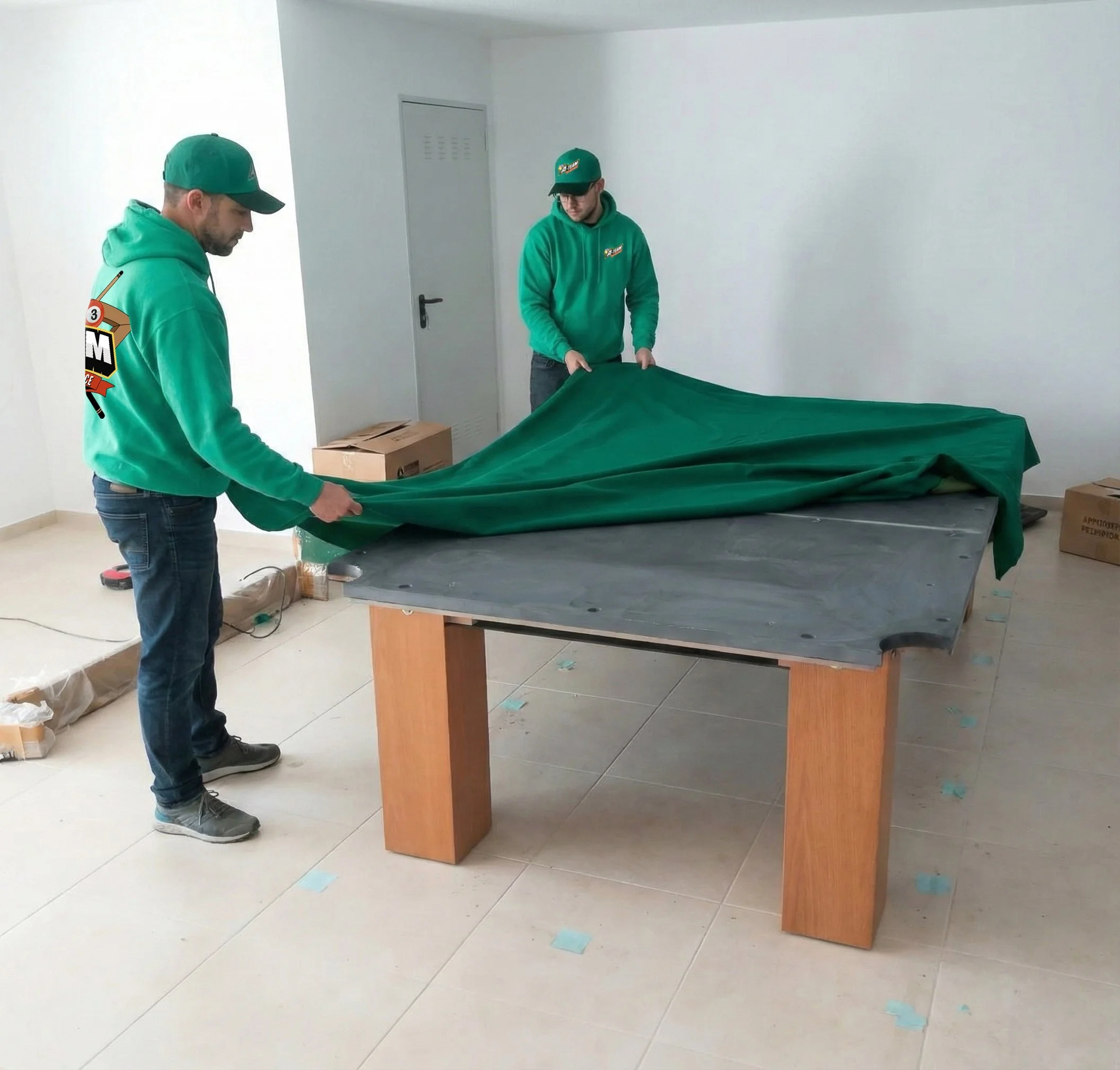 Two men are unfolding a large green fabric on a table in a minimally furnished room with beige tiled floors, a white wall, and a closed white door. One man is wearing a green hoodie with a logo and a cap, and the other is wearing a matching hoodie and cap. There are cardboard boxes on the floor and some equipment nearby.