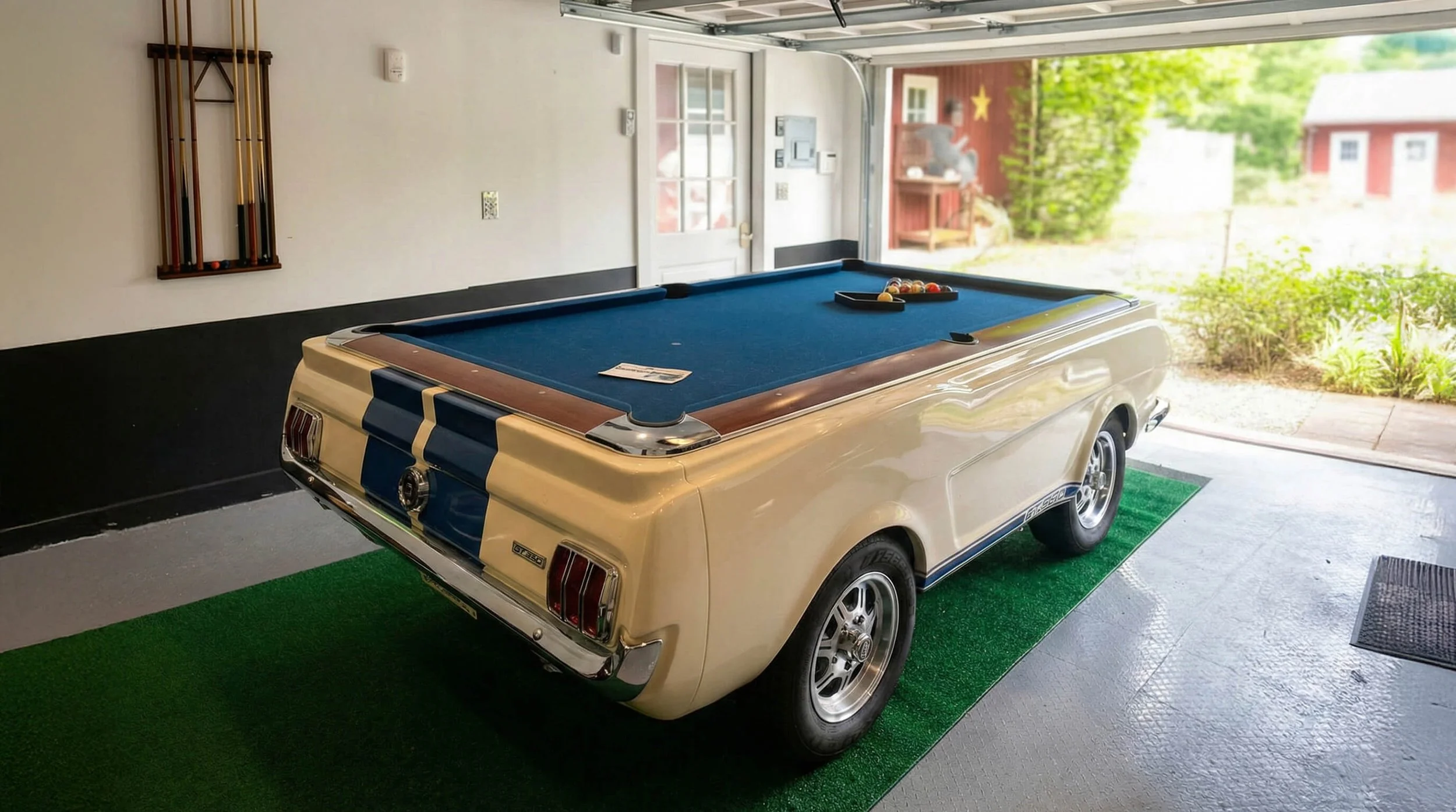 A vintage beige Ford Mustang GT350 pool table car replica in a garage, with pool balls on the table, cue sticks on a wall-mounted rack, and an open garage door leading outside to a garden.