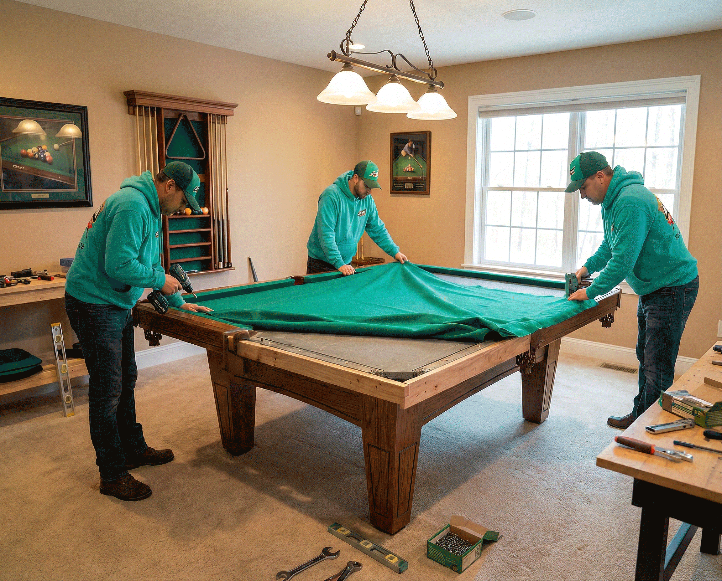 Three men installing a green pool table cover in a room with beige walls and a window, with tools and picture frames on the walls and a pool cue rack in the background.