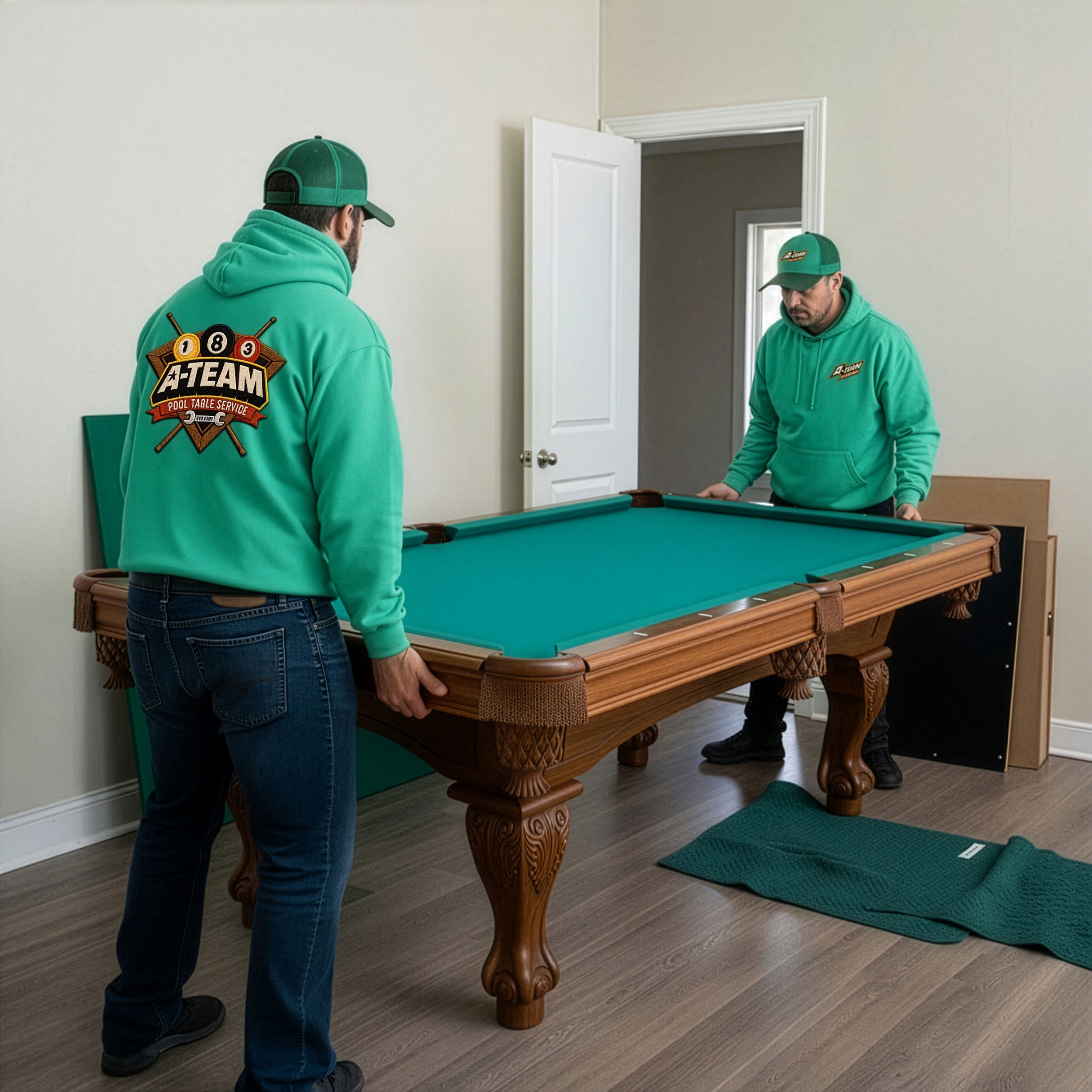 Two men in green hoodies and caps setting up a pool table in a room with a wooden floor and neutral walls.