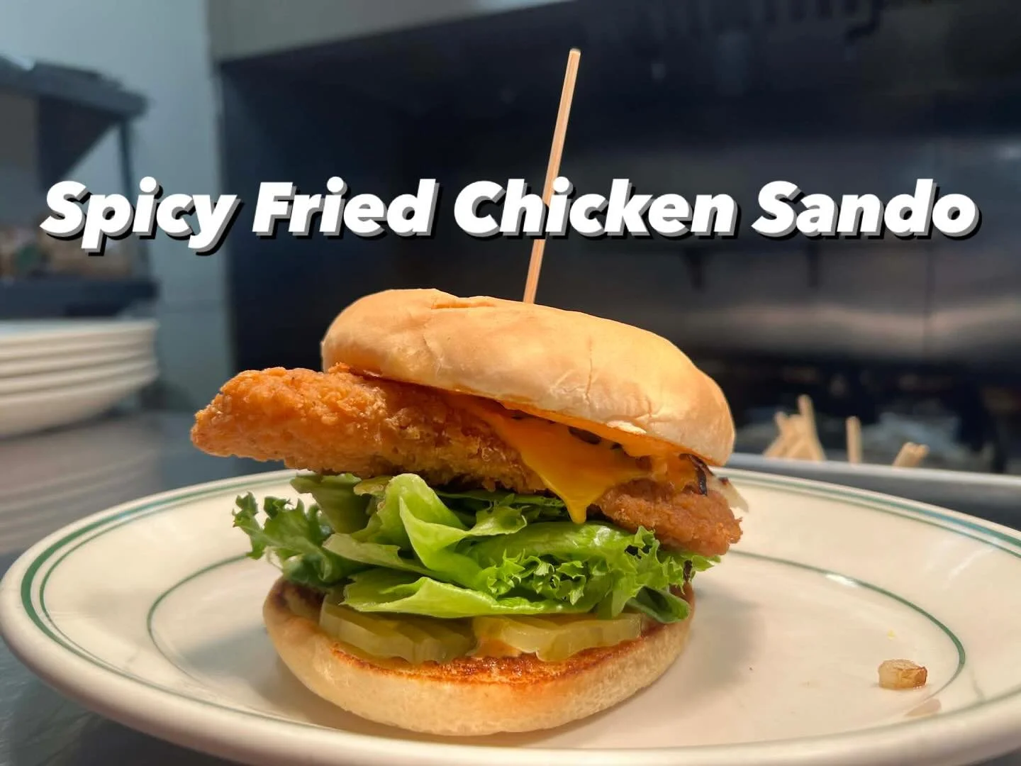 Spicy Fried Chicken Sando,
W/ spicy mayo, pickle, lettuce, tomato, melted American Cheese topped with saut&eacute;ed onions