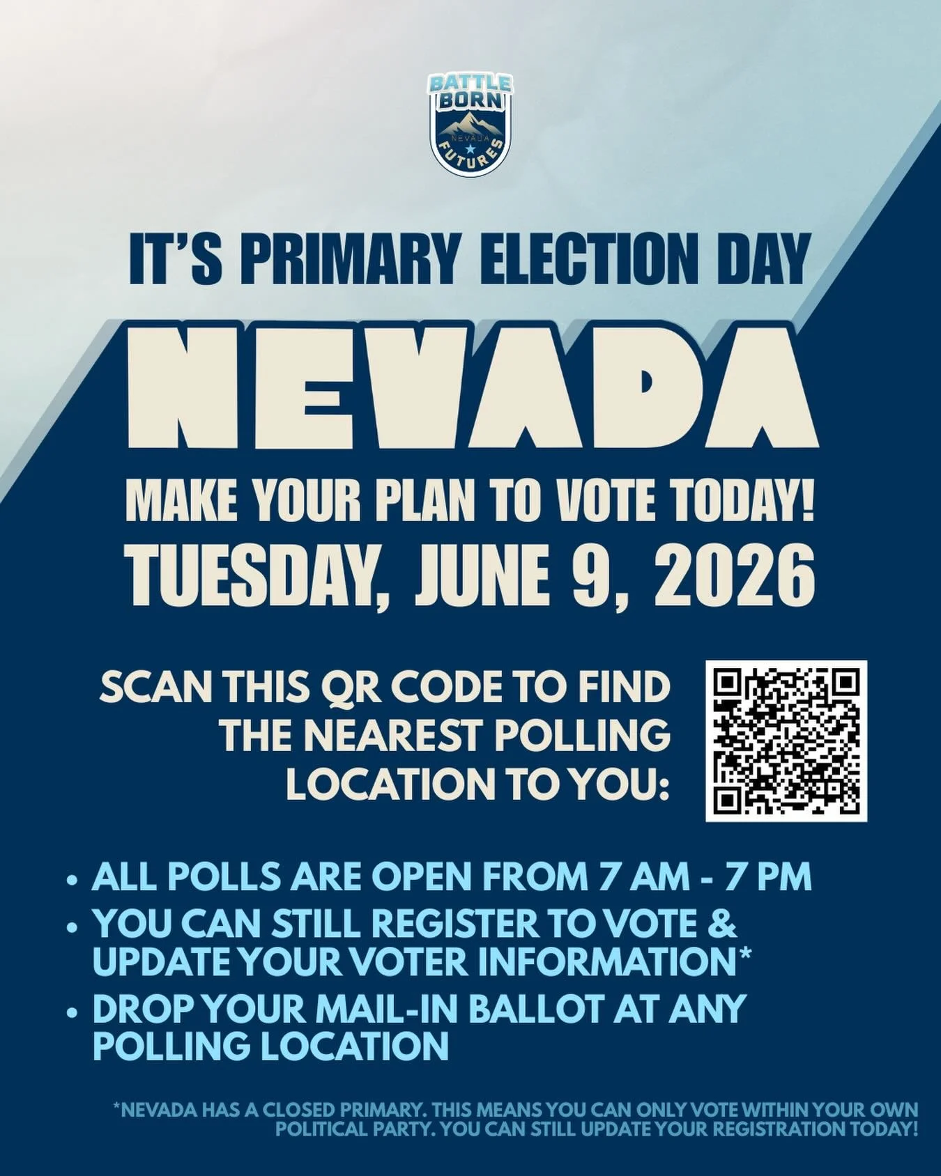 🗳️ IT&rsquo;S ELECTION DAY, NEVADA!

In Nevada&rsquo;s last primary election, only 16.22% of registered voters cast a ballot. Let&rsquo;s raise the youth turnout and show that young people have a voice in shaping our future.

- Polls are open until 