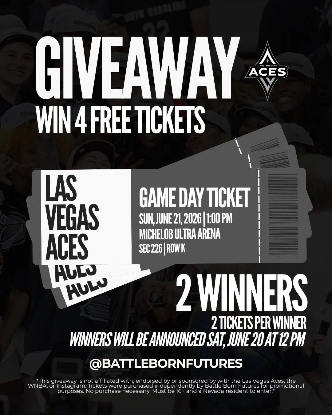 Hey Las Vegas Aces fans 🏀 ✨️ 

Battle Born Futures is giving away 4 free tickets to Sunday's Las Vegas Aces game!

To enter:
1. Follow @BattleBornFutures here on Instagram
2. Like this post
3. Share this post to your story
4. Tag a friend! 1 comment