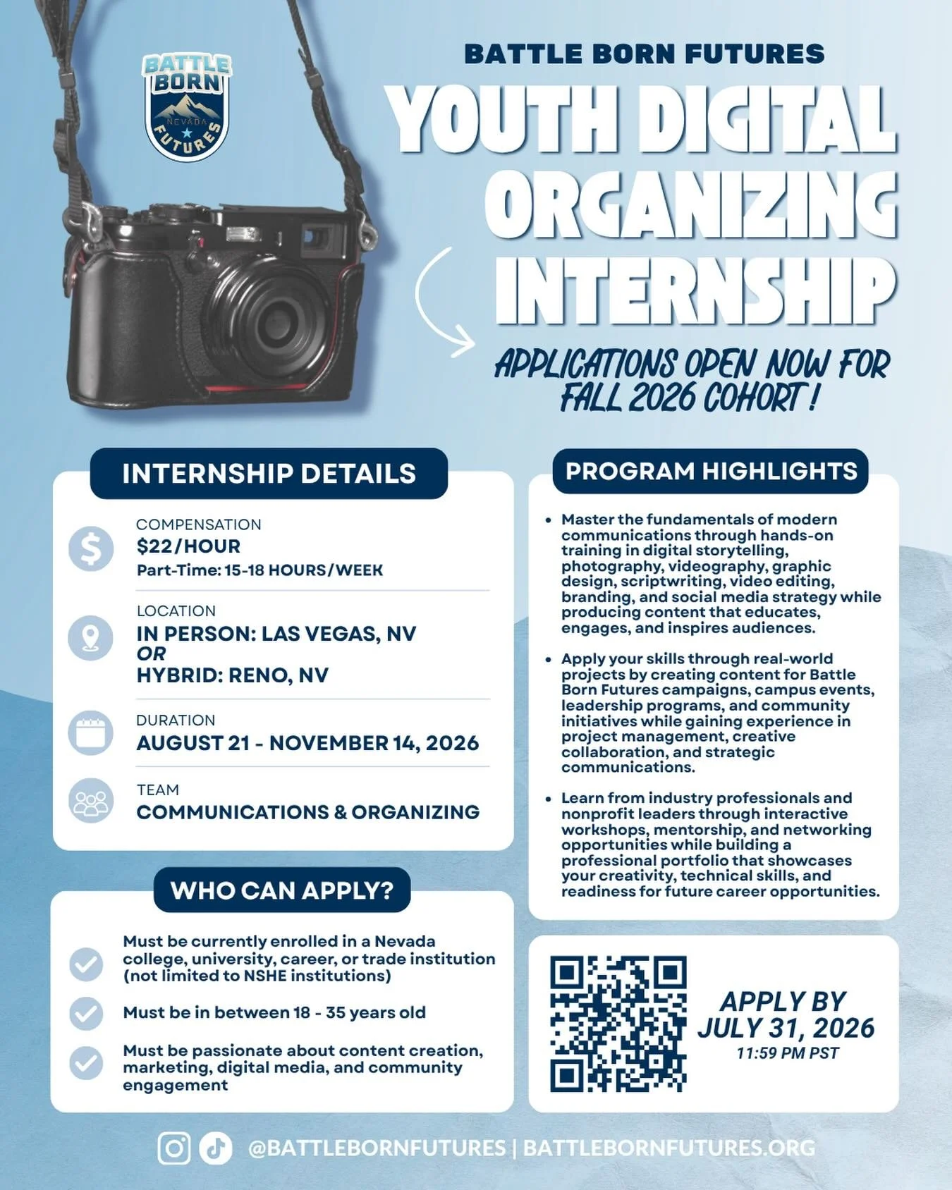 🎥 Ready to turn your creativity into community impact?

Applications for the Battle Born Futures Youth Digital Organizing Internship Fall 2026 Cohort are officially OPEN! 🚀

Whether you&rsquo;re passionate about photography, videography, graphic de
