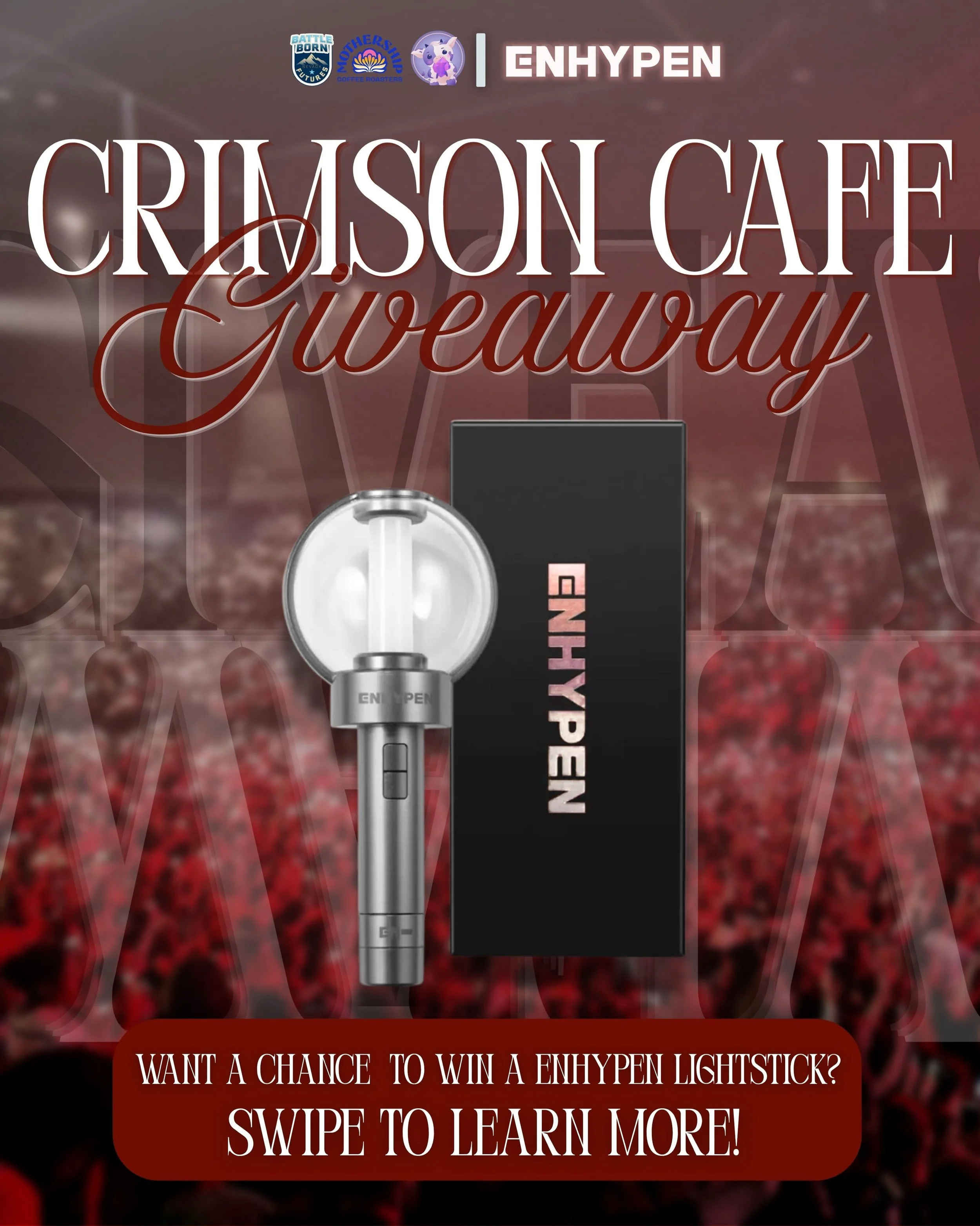 DID SOMEONE SAY FREE LIGHTSTICK?! 😱🌙 

THATS RIGHT! 😎 Join us at Mothership Coffee for our Crimson Cafe Enhyphen cupsleeve event. We&rsquo;ll be giving away a FREE lightstick, FREE drinks and provide a night of eventful activities. 😸😸

Swipe to 