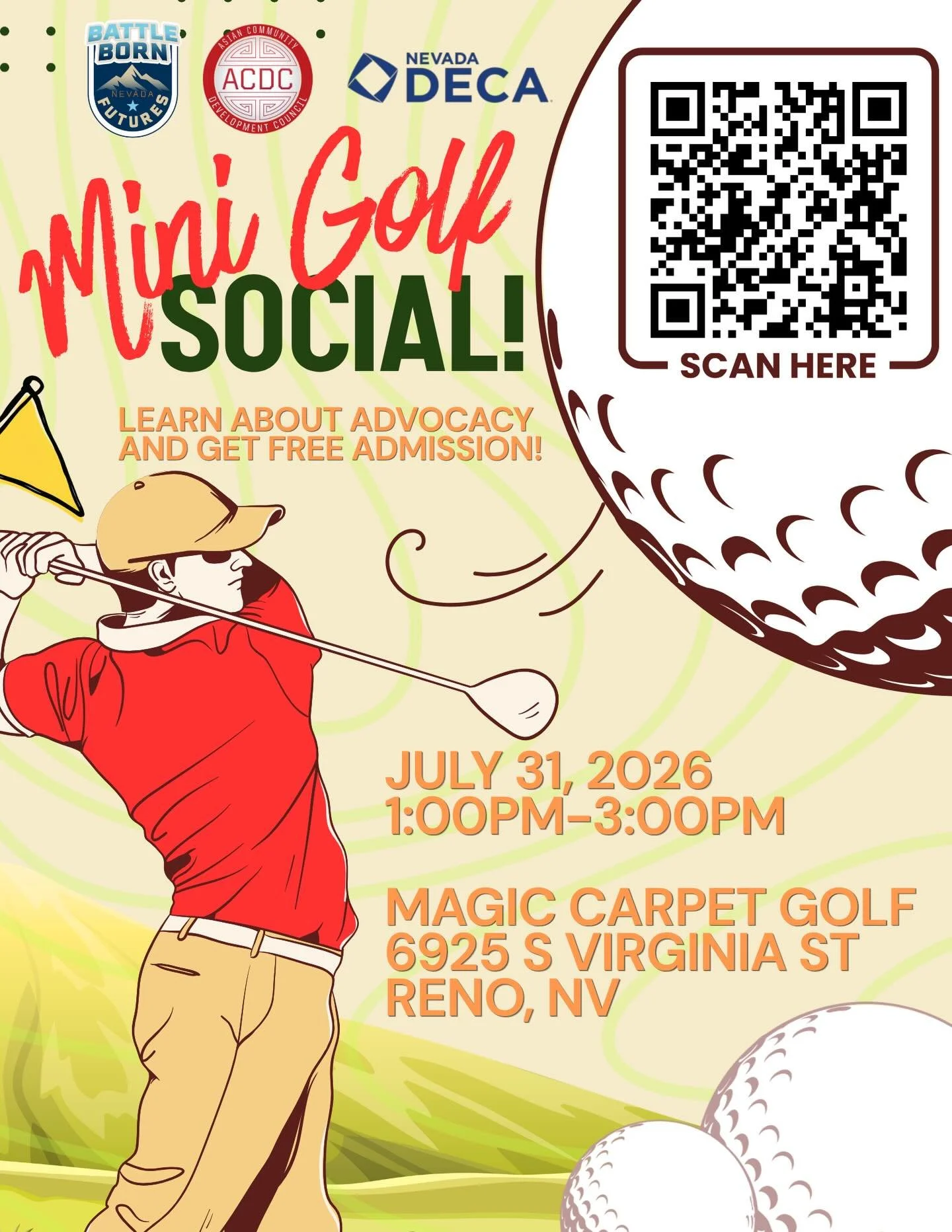 Hi Reno! Tee up for a fun afternoon with us! ⛳️ 

Come make new friends, enjoy a round of mini golf, and learn how you can get involved in your community.

Join Battle Born Futures, the Asian Community Development Council, and Nevada DECA for our Min