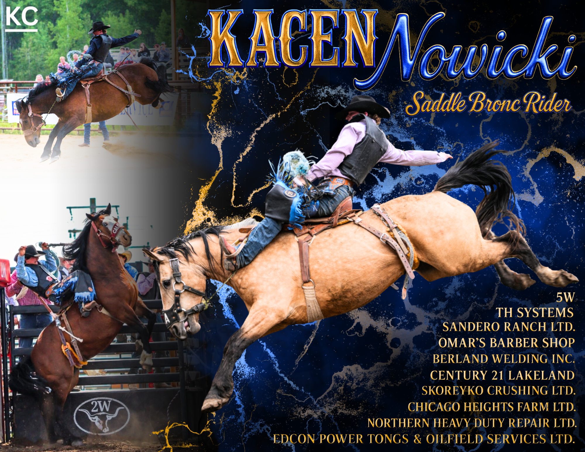Autograph poster for professional and collegiate saddle bronc rider, Kacen Nowicki, with photos, a graphic background and a list of sponsors.