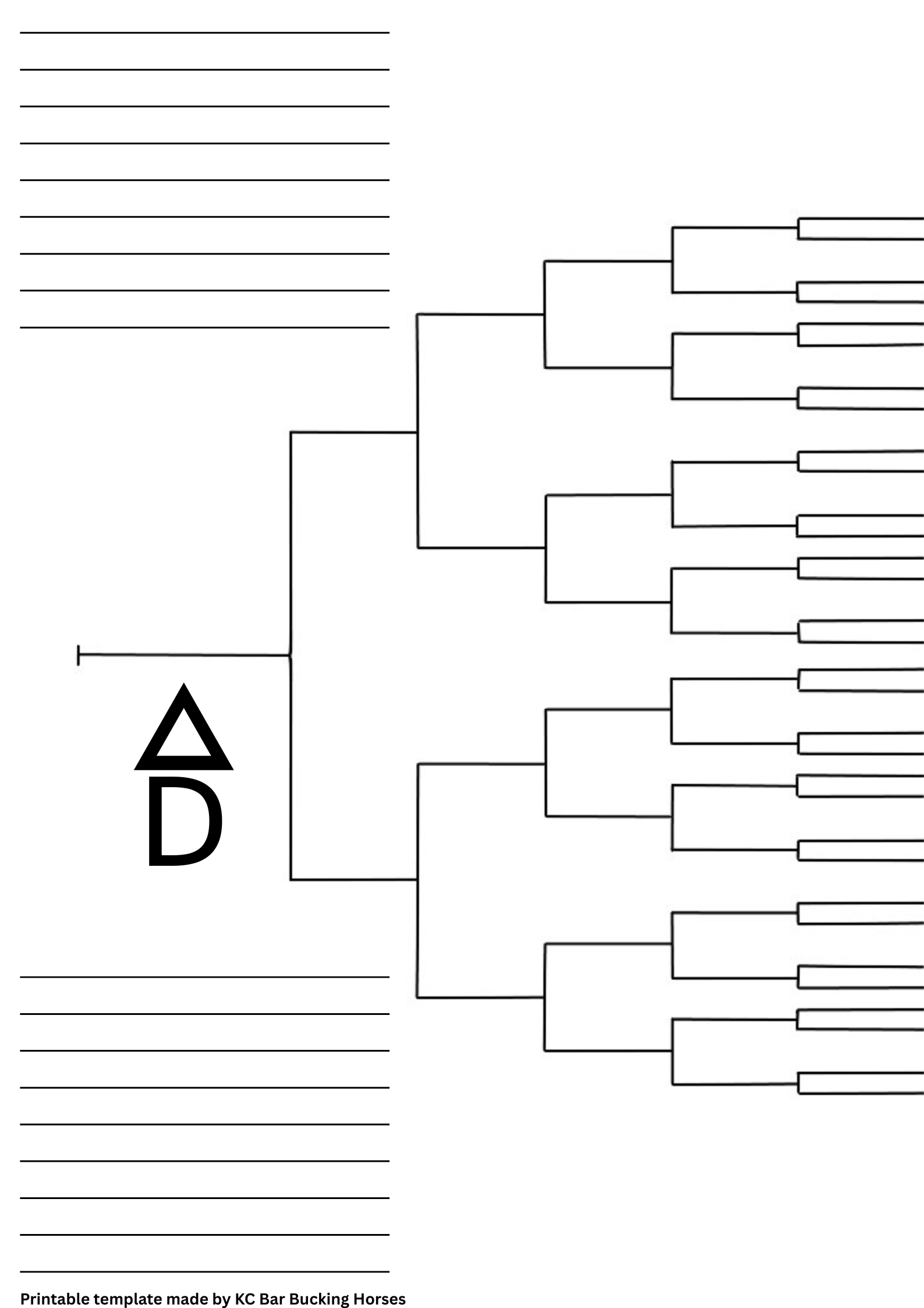 Blank tournament bracket with space for team names, labeled 'A' and 'D' on the left, created by KC Bar Bucking Horses.
