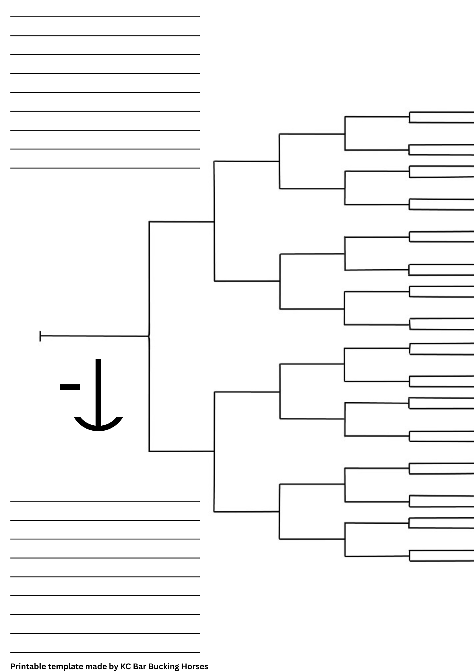 A blank horse breeding or pedigree chart template with sections for information and a logo at the bottom that reads 'Printable template made by KC Bar Bucking Horses'.