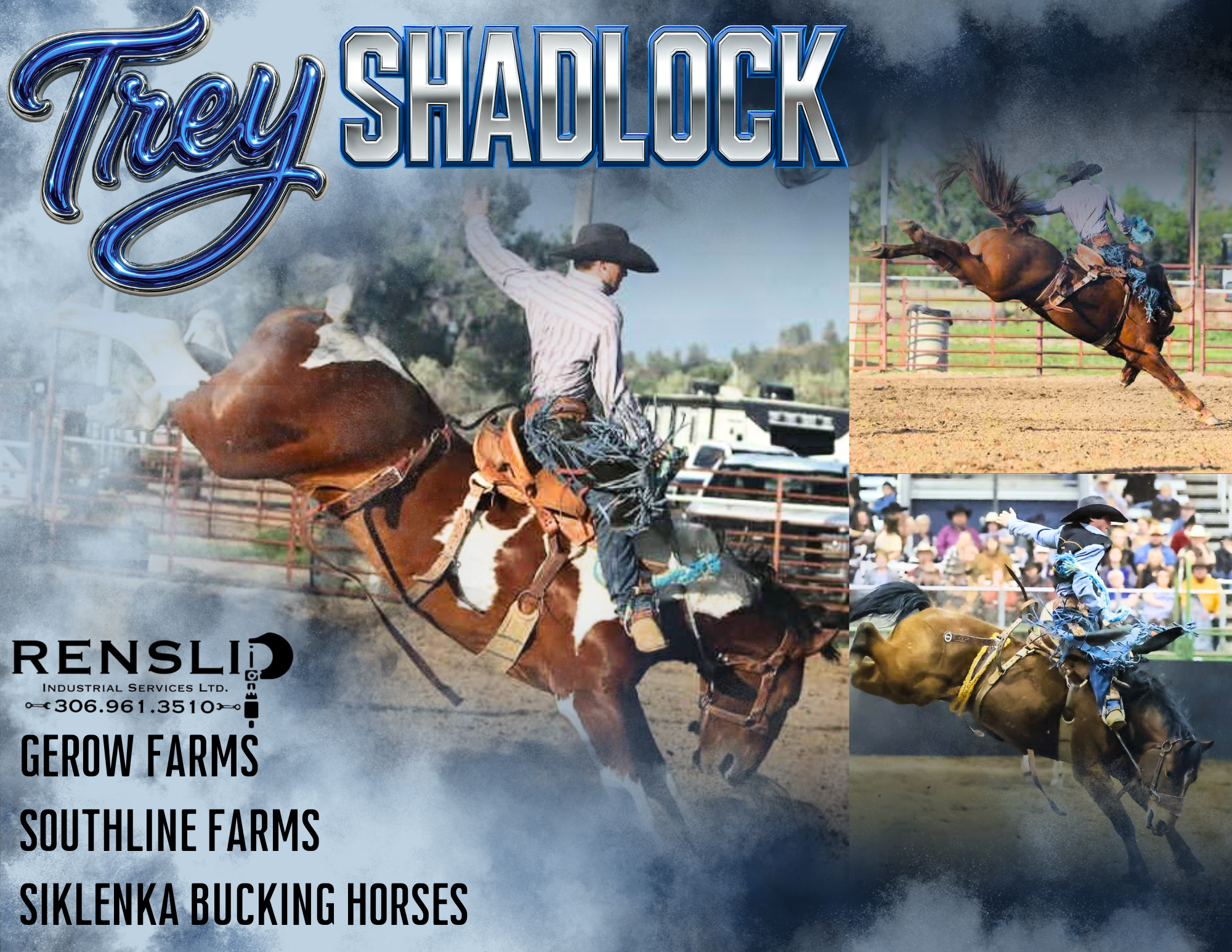 Autograph poster for professional and collegiate saddle bronc rider, Trey Shadlock, with photos, a graphic background and a list of sponsors.