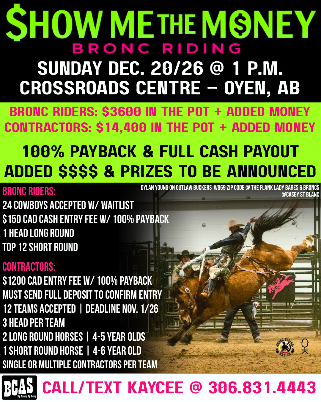 A flyer for a bronc riding event on December 20-26 at the Crossroads Centre in Oyen, Alberta. The flyer details prices for riders and contractors, event rules, and contact information, with a background image of a rodeo rider on a bucking horse.