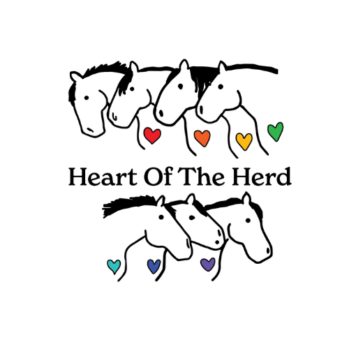 Illustration of five horse heads with colored hearts beneath each, and the text "Heart Of The Herd" in the center.