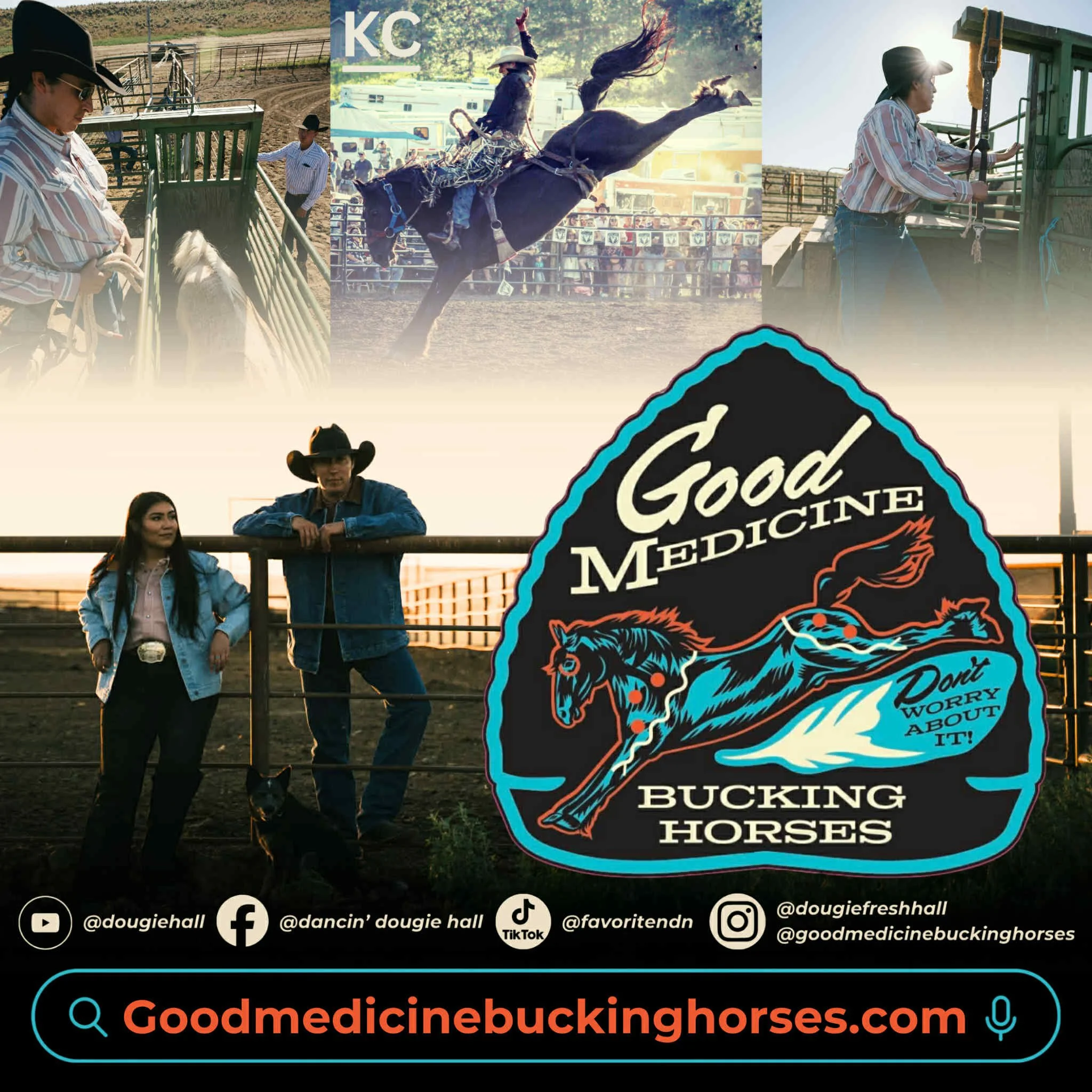 Collage of scenes from a rodeo event, including cowboys roping cattle, a cowboy riding a bucking horse, and people standing near a fence, with a logo for Good Medicine Bucking Horses and social media icons at the bottom.