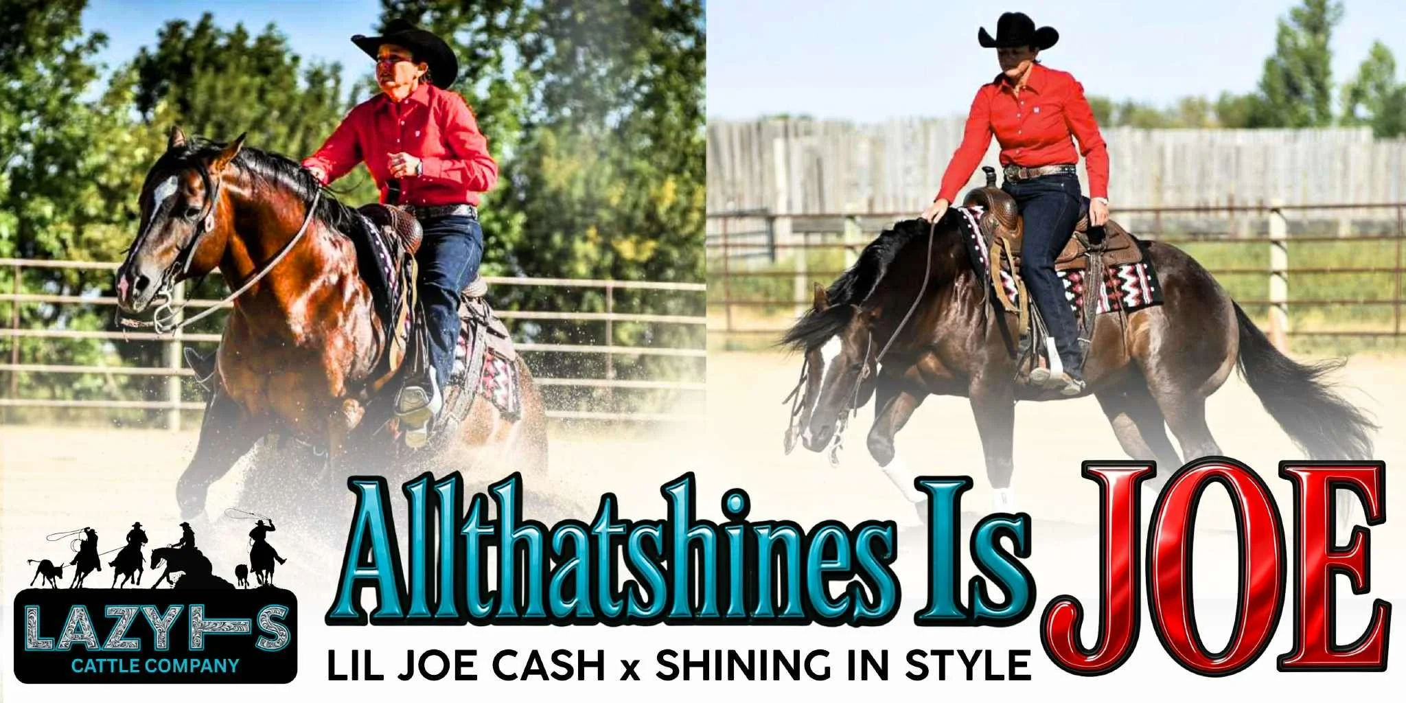 A promotional image showing two women riding horses in rodeo attire, with a logo for Lazy E's Cattle Company and text promoting Lil Joe Cash and Shining in Style.