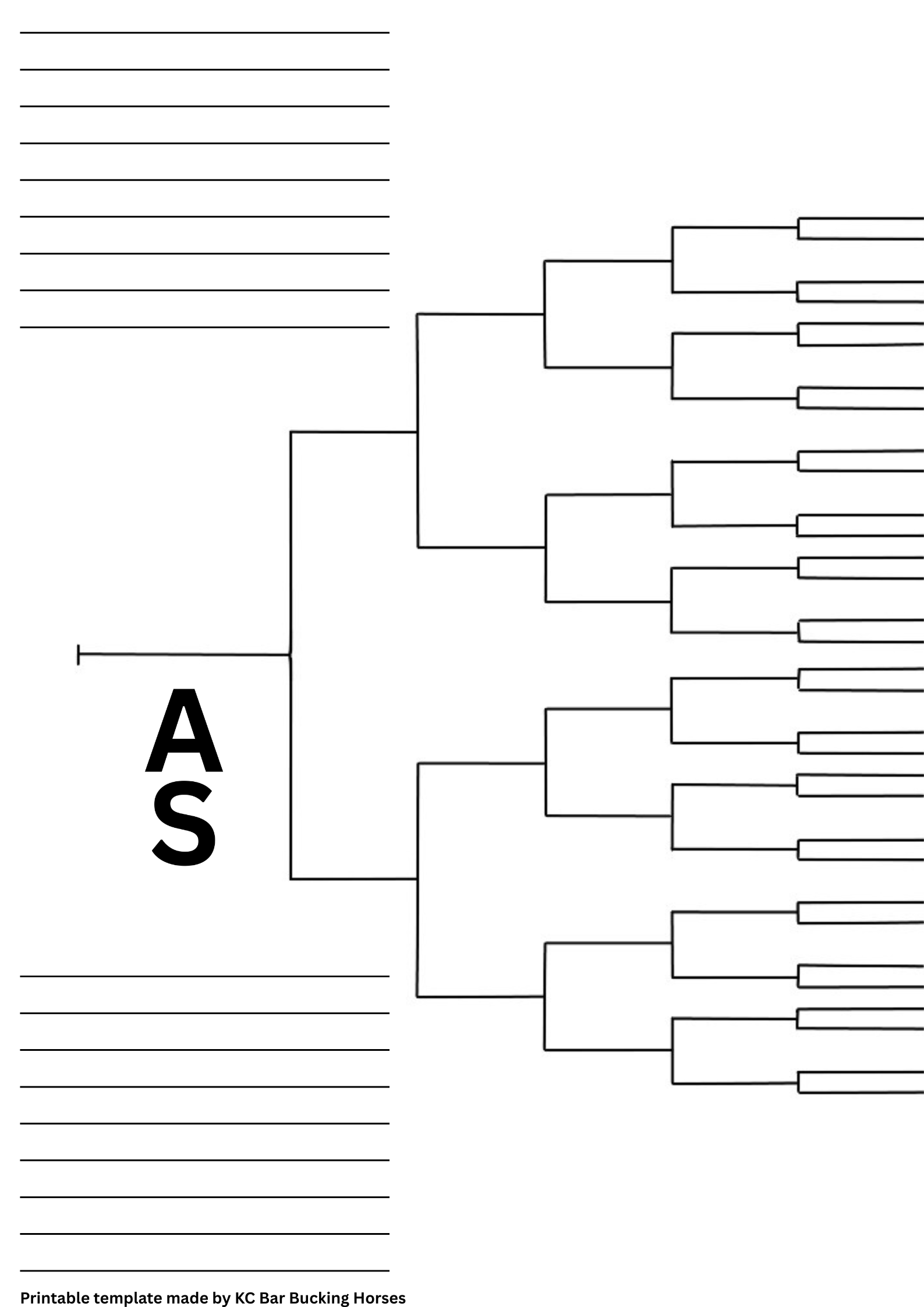 A blank printable race bracket template with multiple levels of competition structure, labeled 'A' and 'S' in bold, designed for organizing horse bucking competitions, with sections for notes and instructions.